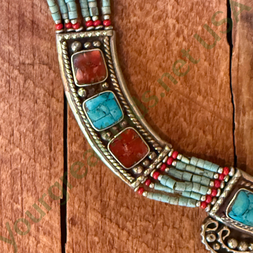 Handmade Tibetan Alpaca Silver Necklace with Turquoise & Coral Beads - Boho Chic Jewelry for Women, Gift for Her | Perfect for Festivals, Weddings & Spiritual Ceremonies