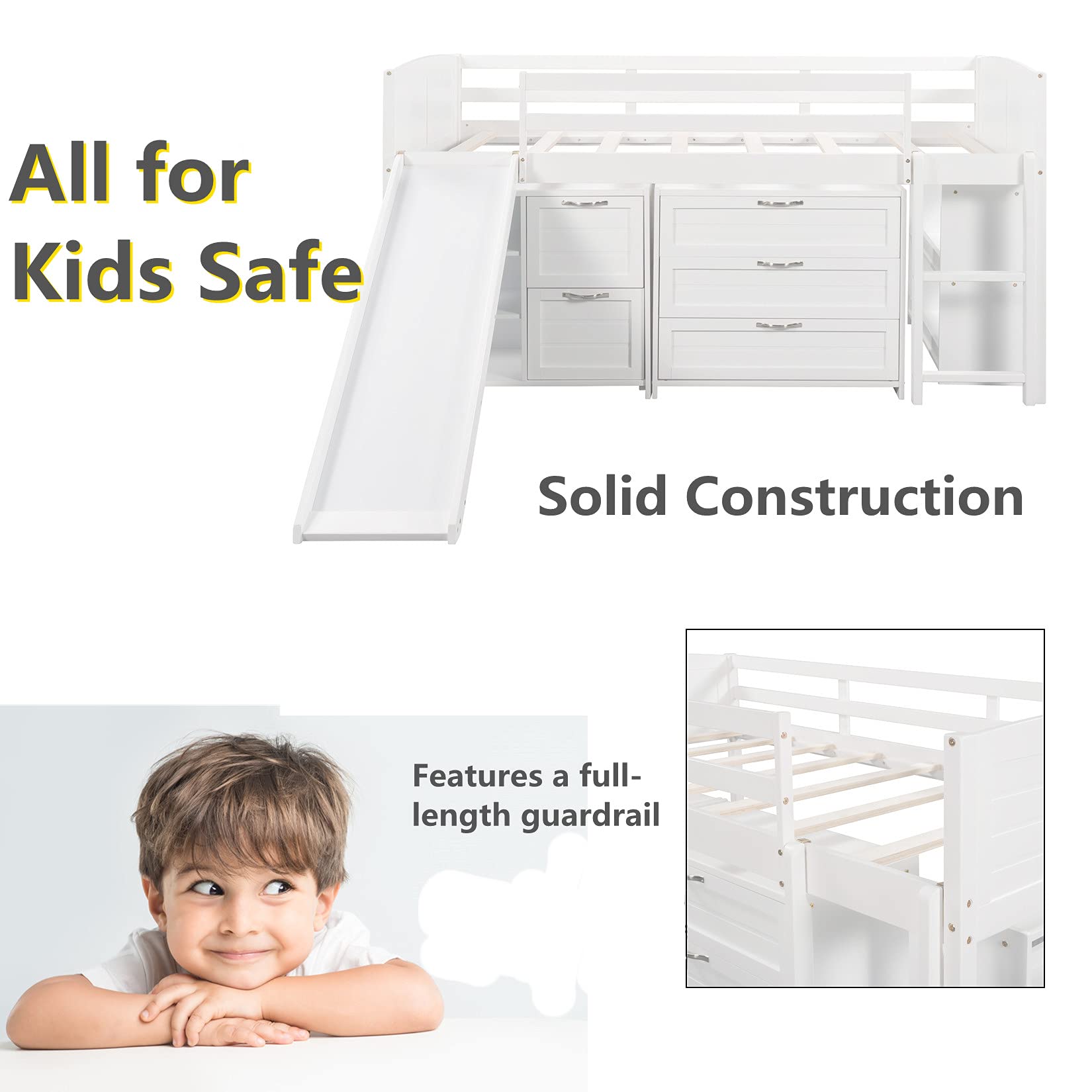**Low Loft Bed with Slide & Storage - Twin Loft Bed Frame with Cabinet Drawers & Bookshelves - Wooden Kids Loft Bed for Boys & Girls - White - Perfect for Small Rooms & Play Areas**