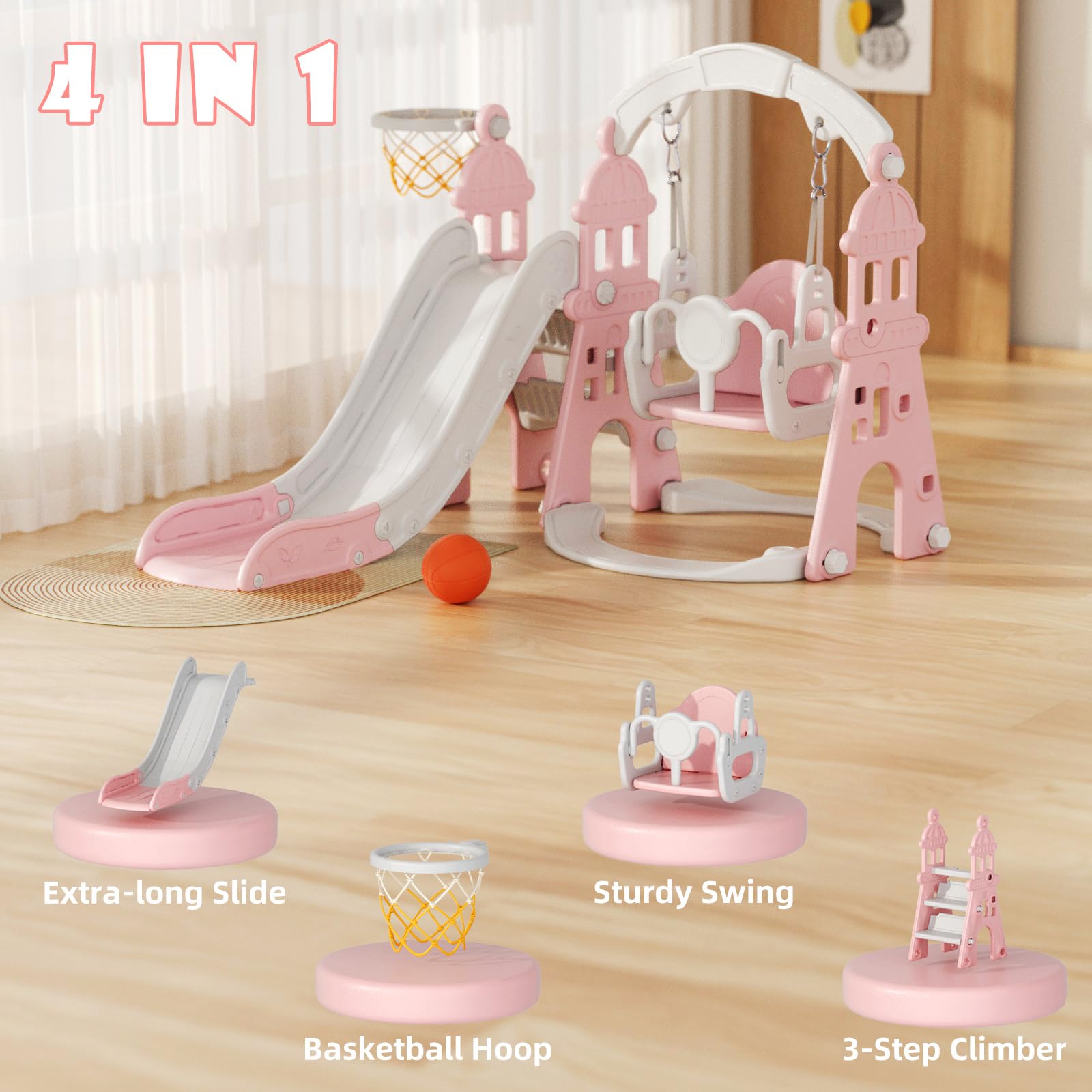 67i Toddler Swing and Slide Set for Kids Age 1-3 Years - Indoor & Outdoor Plastic Playset with Safety Belt, Basketball Hoop, HDPE Material (Pink) - Perfect for Backyard, Garden, Playroom and Preschool Activities