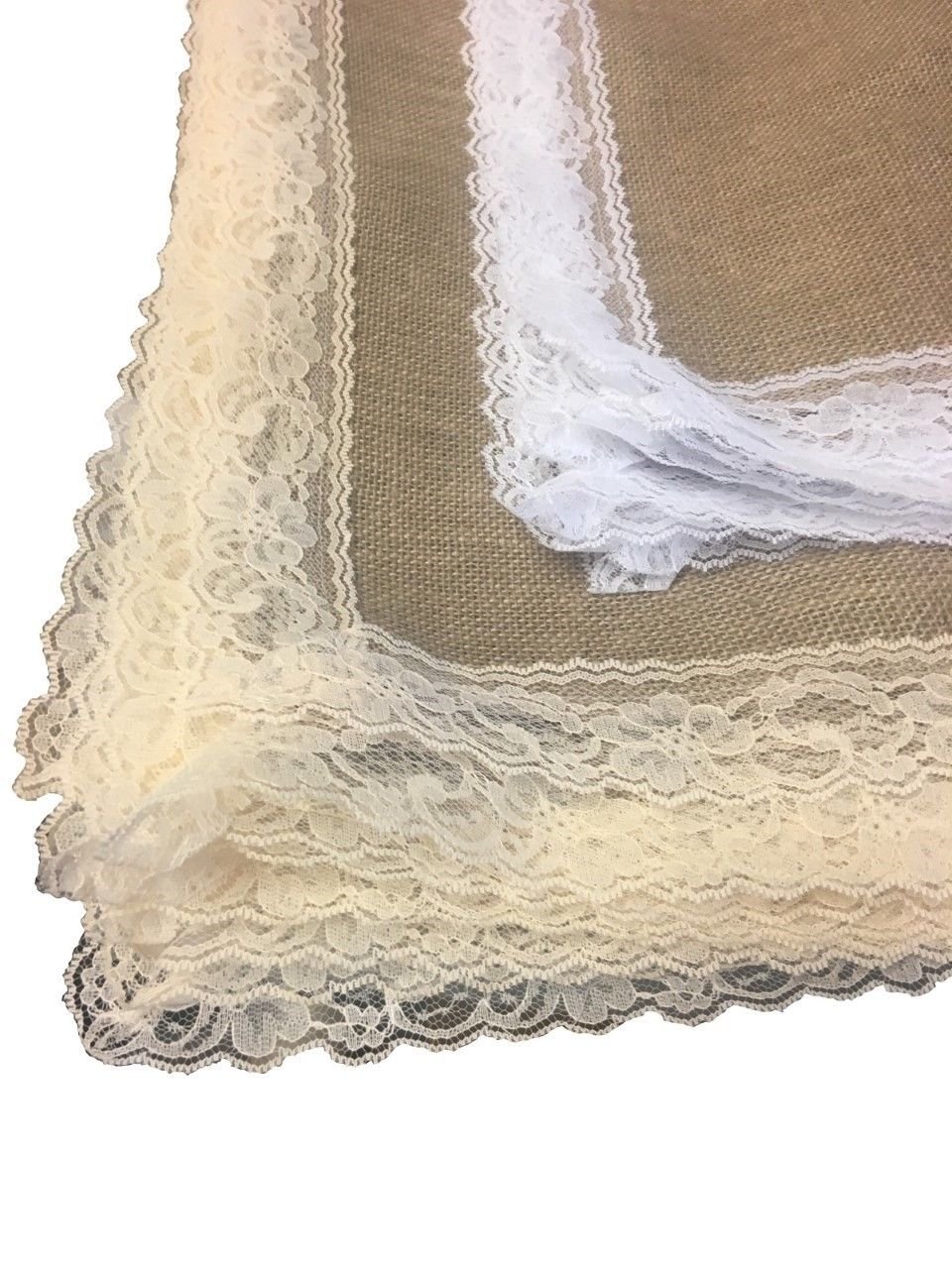 12 Pack 18x18 Inch Burlap Placemats with Floral White Lace Trim - Rustic Table Decor for Farmhouse Dining, Wedding, and Party Settings