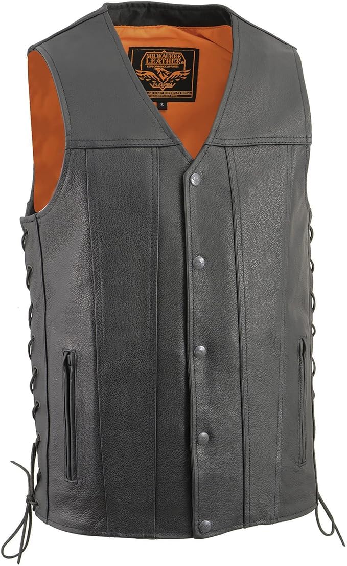Milwaukee Leather Men's Black Straight Bottom Side Lace Leather Biker Vest MLM3520 - Motorcycle Riding Gear for Harley Davidson & Cruiser Bikes