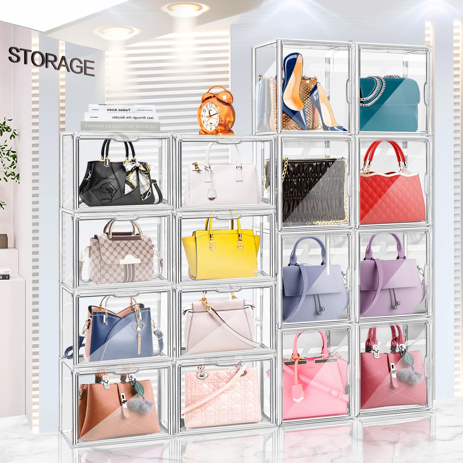 DILIBRA 4-Pack Clear Plastic Handbag Storage Organizers - Stackable Acrylic Display Box with Magnetic Door for Purse, Clutch, Wallet, Book & Hat Organization | Perfect for Closet, Bedroom & Retail Store Display