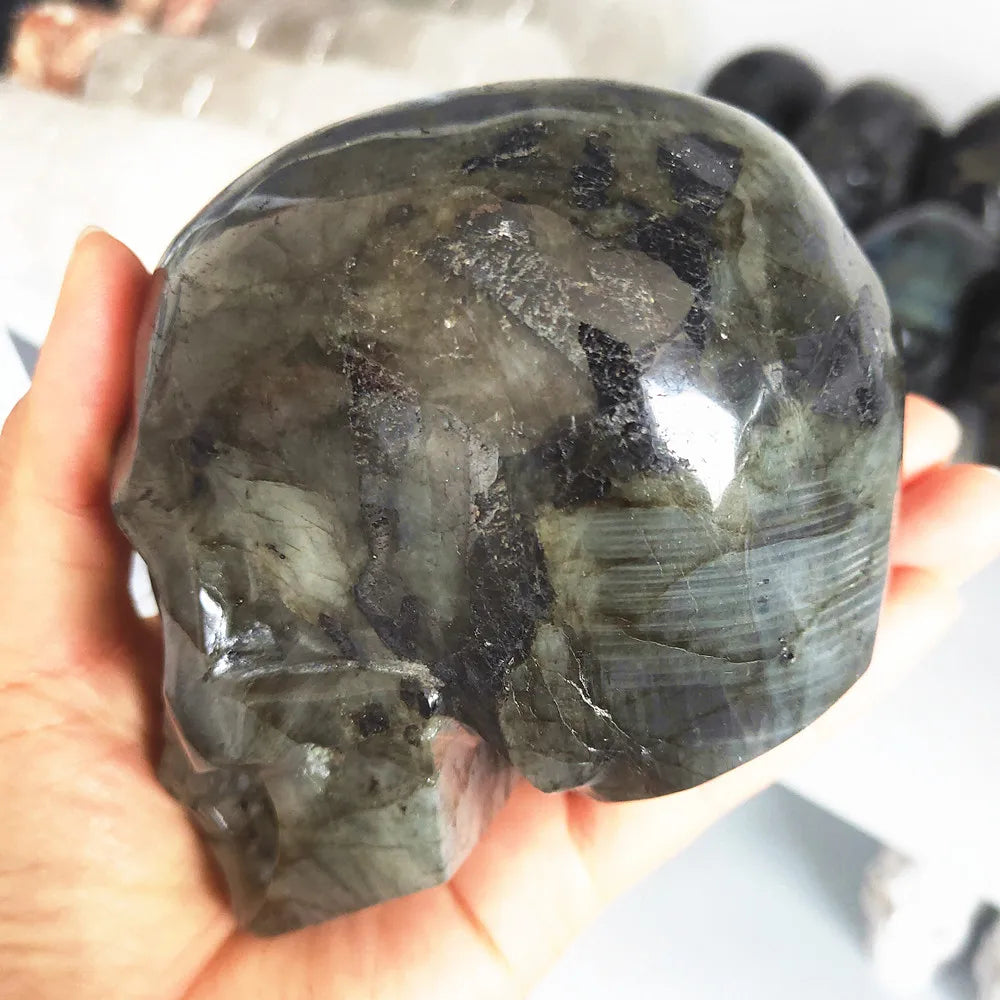 Natural Labradorite Crystal Skull - 500g 1.7lb Reiki Healing Stone, Meditation & Spiritual Decor for Home, Office, Yoga Studio