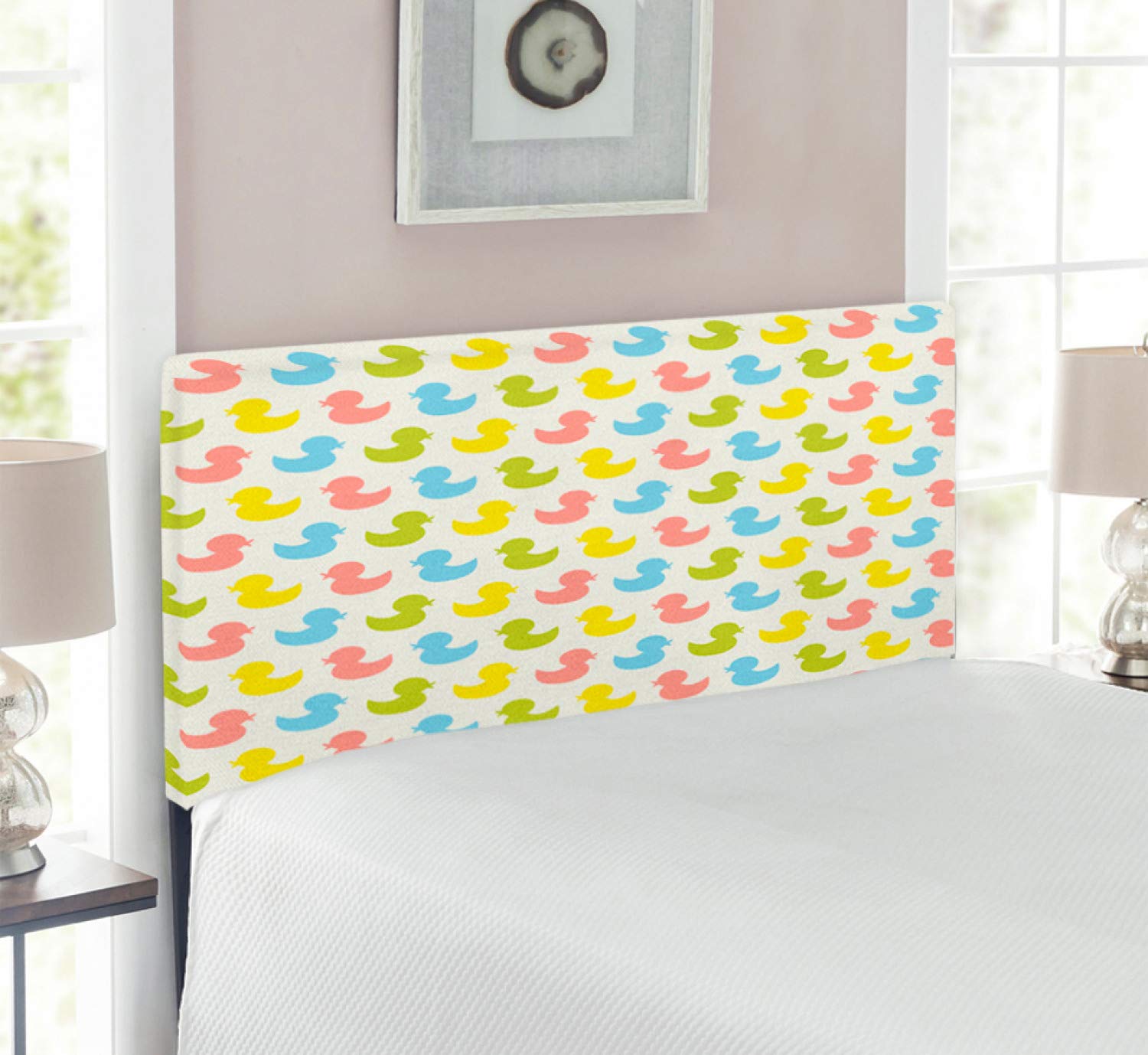Ambesonne Rubber Duck Headboard - Colorful Ducklings Animals Theme Pastel Upholstered Metal Bed Headboard with Memory Foam, Twin Size Yellow Green | Kids Room Decor, Nursery Bedding, Whimsical Bedroom Accent