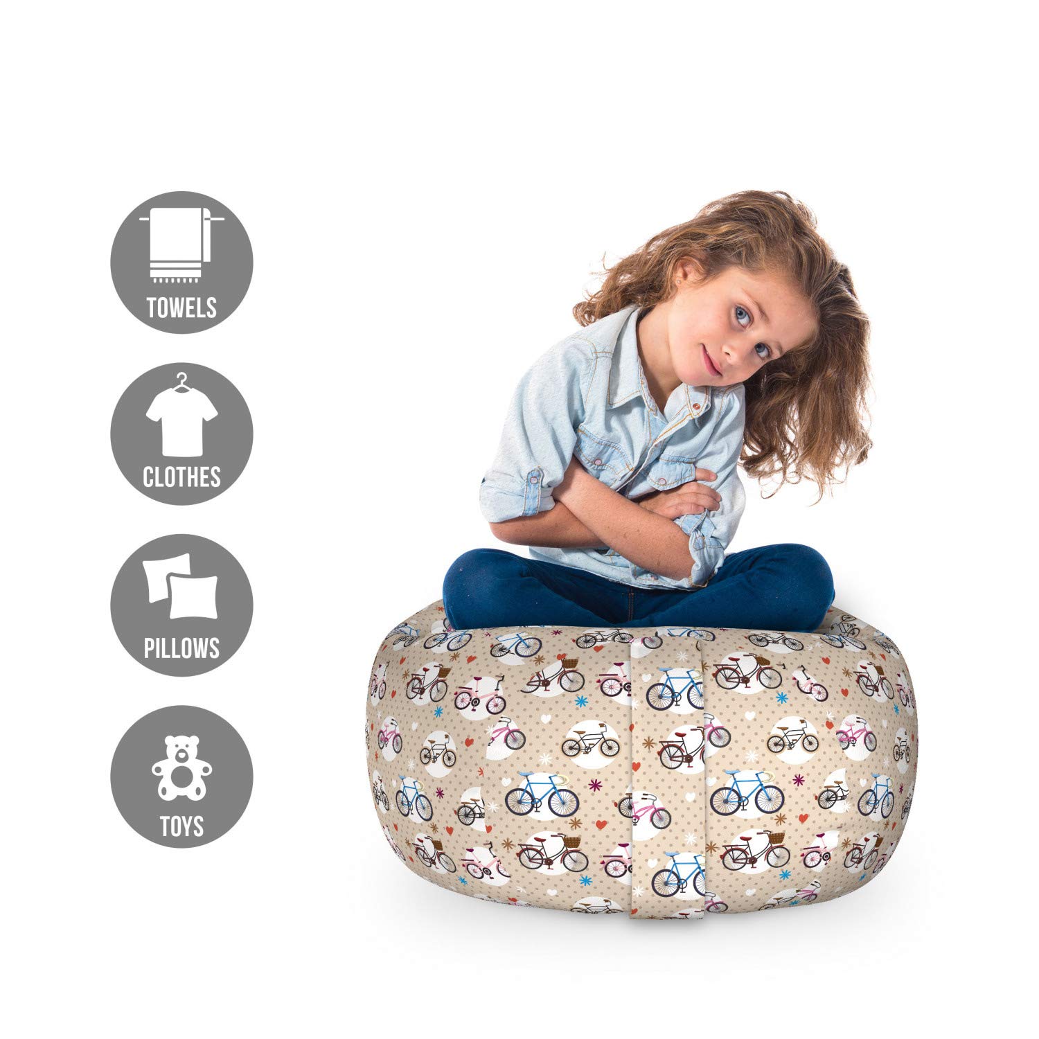 Ambesonne Cartoon Toy Storage Bag Chair - Washable Stuffed Animal Organizer with Romantic Bicycle & Hearts Print - Small Beige & White Kids' Room Decor for Bedroom, Playroom & Nursery Organization