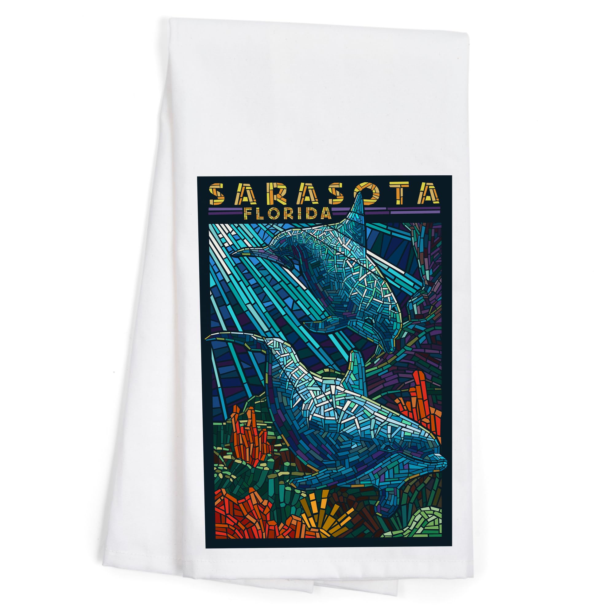 Lantern Press Sarasota Florida Dolphin Paper Mosaic Tea Towel - 100% Cotton Decorative Hand Towel for Kitchen & Home Decor | Perfect for Beach House, Coastal Decor & Gift Giving