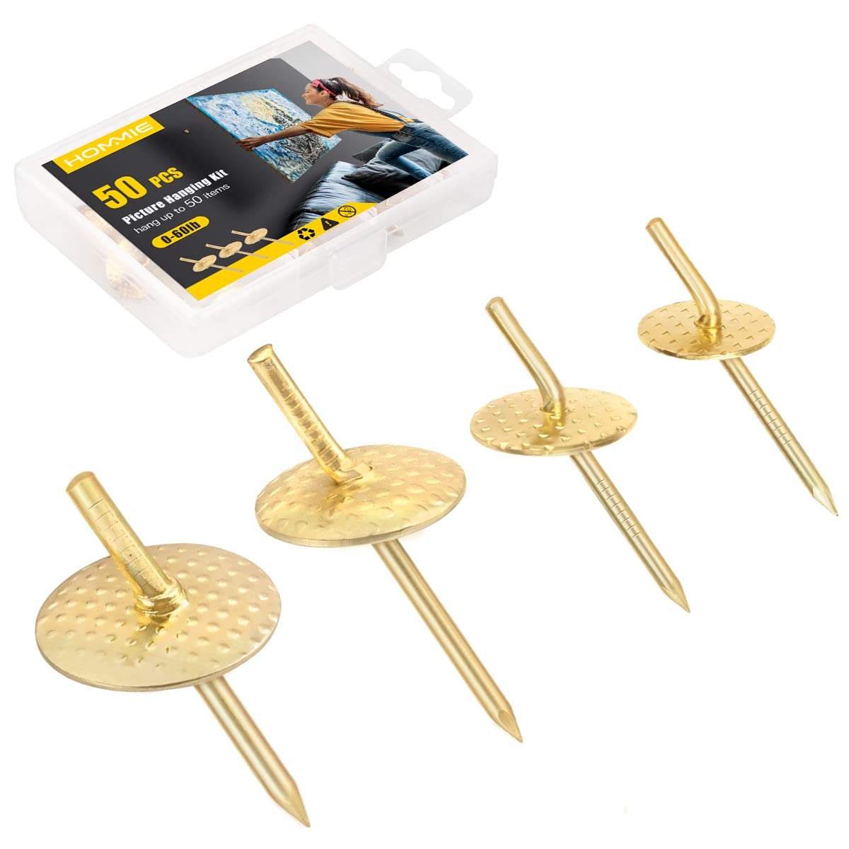 Hommie Picture Hanging Nails Kit - 50PCS Heavy Duty Wall Hangers (10-60 lbs) for Drywall, Frames, Canvas & Mirrors - Perfect for Home Decor & Art Display
