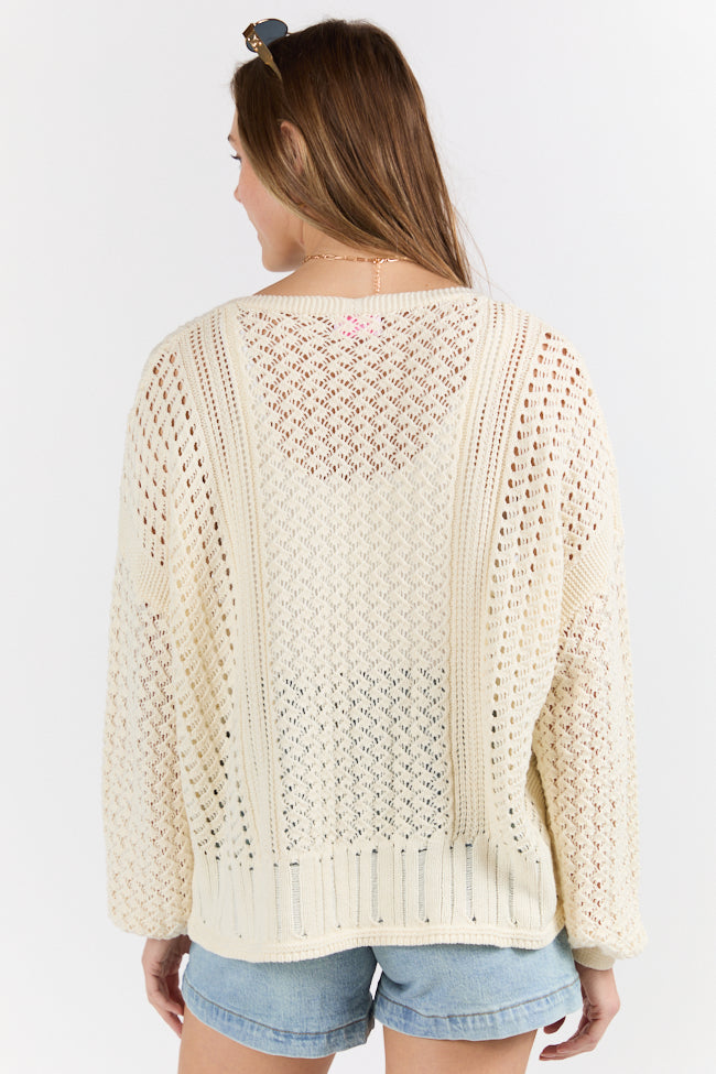 Morning Markets Cream Open Knit V-Neck Sweater for Women - Soft Lightweight Pullover for Fall & Winter - Casual Office Wear & Weekend Outfits