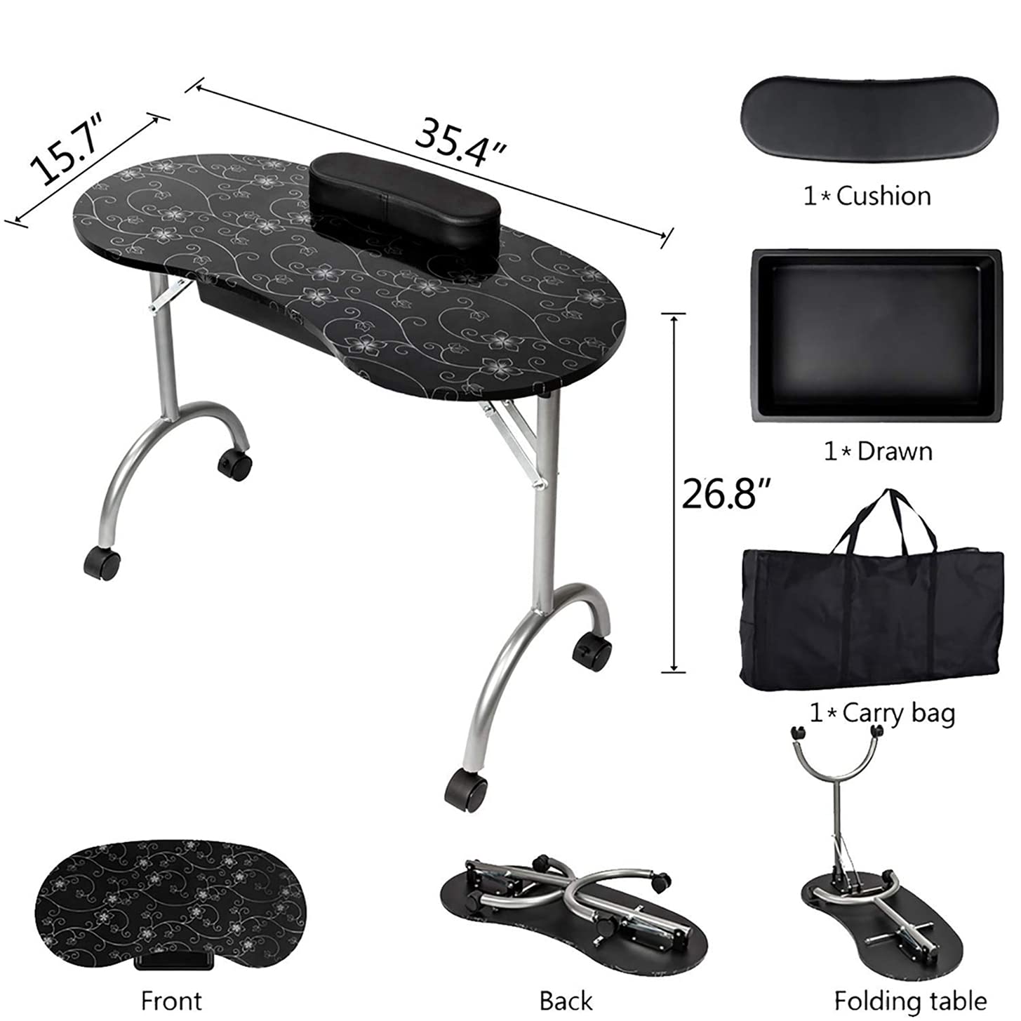 Portable Foldable Manicure Nail Tech Table with Large Storage Drawer & Lockable Wheels - Perfect for Home Salons, Mobile Nail Technicians & Professional Nail Studios