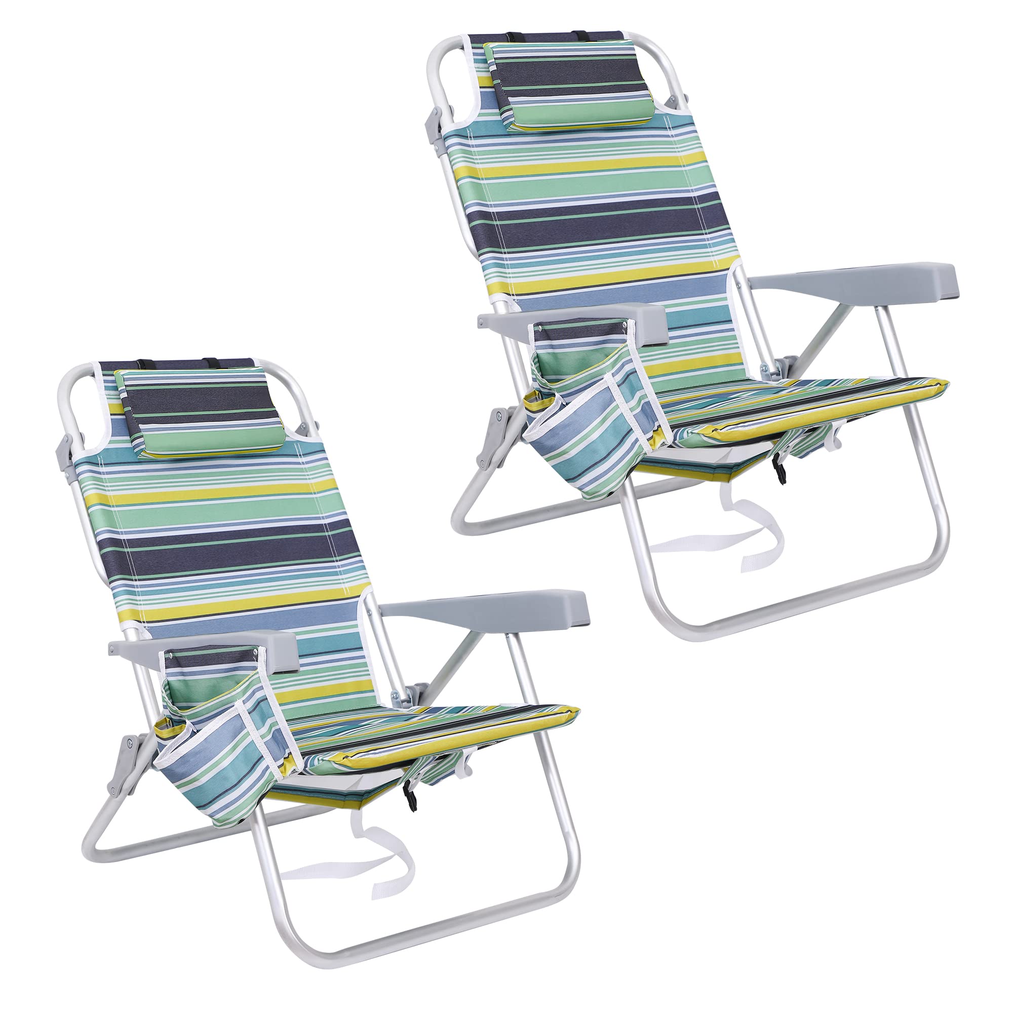 Funcode 5-Position Lay Flat Folding Backpack Beach Chair - Portable & Lightweight for Travel, Camping, Picnics (Green Stripe, 2-Pack) | Perfect for Beach, Poolside, Outdoor Concerts & Backyard Relaxation