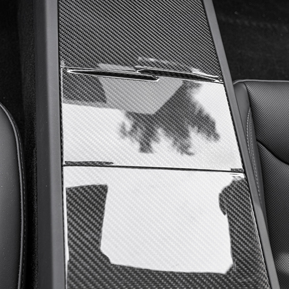 Premium Carbon Fiber Center Console Overlays for 2024 Tesla Model 3 & 2025 Model Y Juniper - Full Coverage 2x2 Twill Weave in Glossy or Matte Finish | Interior Upgrade & Scratch Protection for Enhanced Luxury Driving Experience