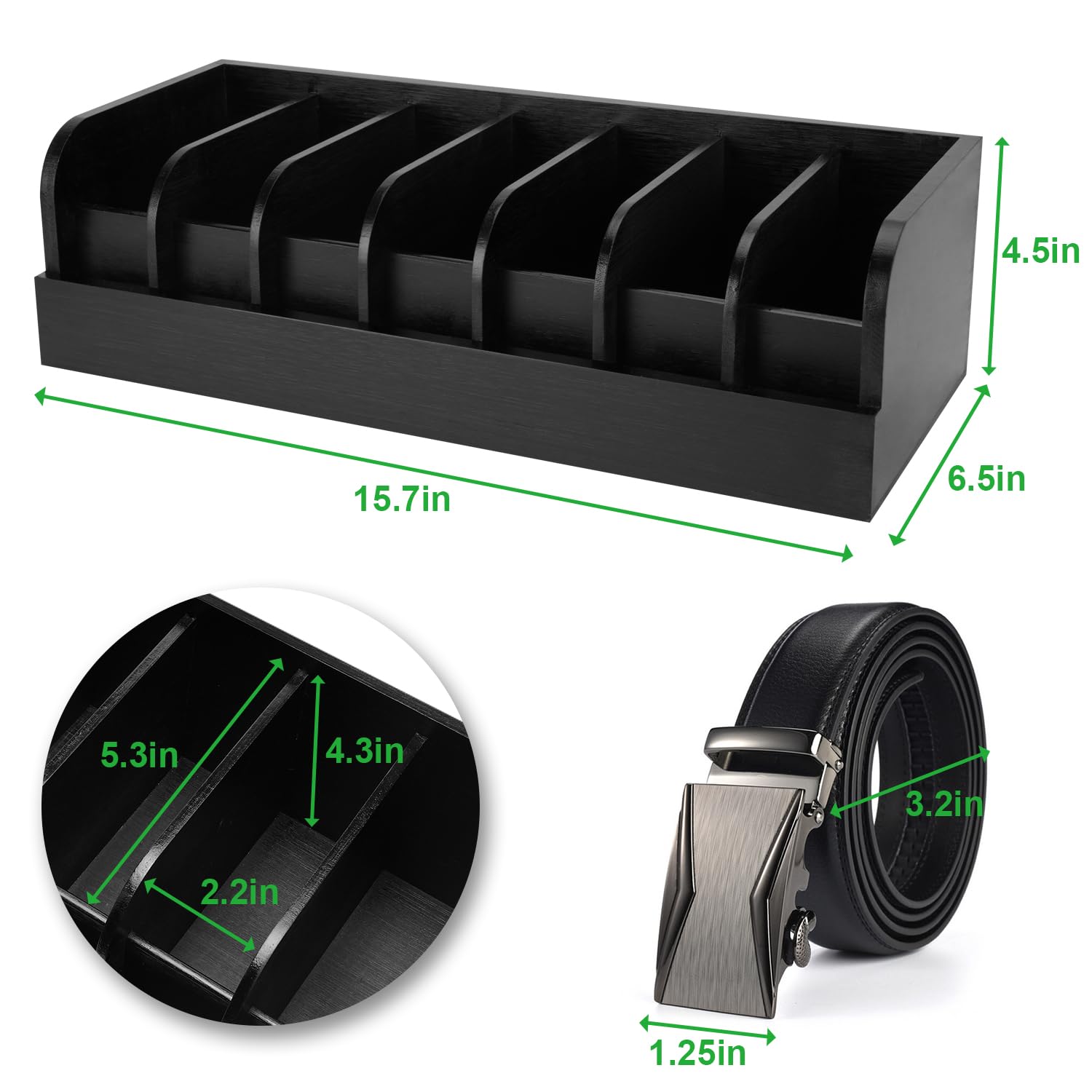 GTI Belt Organizer - 7 Compartment Belt & Tie Storage Case for Men & Women, Bamboo Drawer & Closet Organizer, Black - Perfect for Home, Office & Travel Accessory Organization