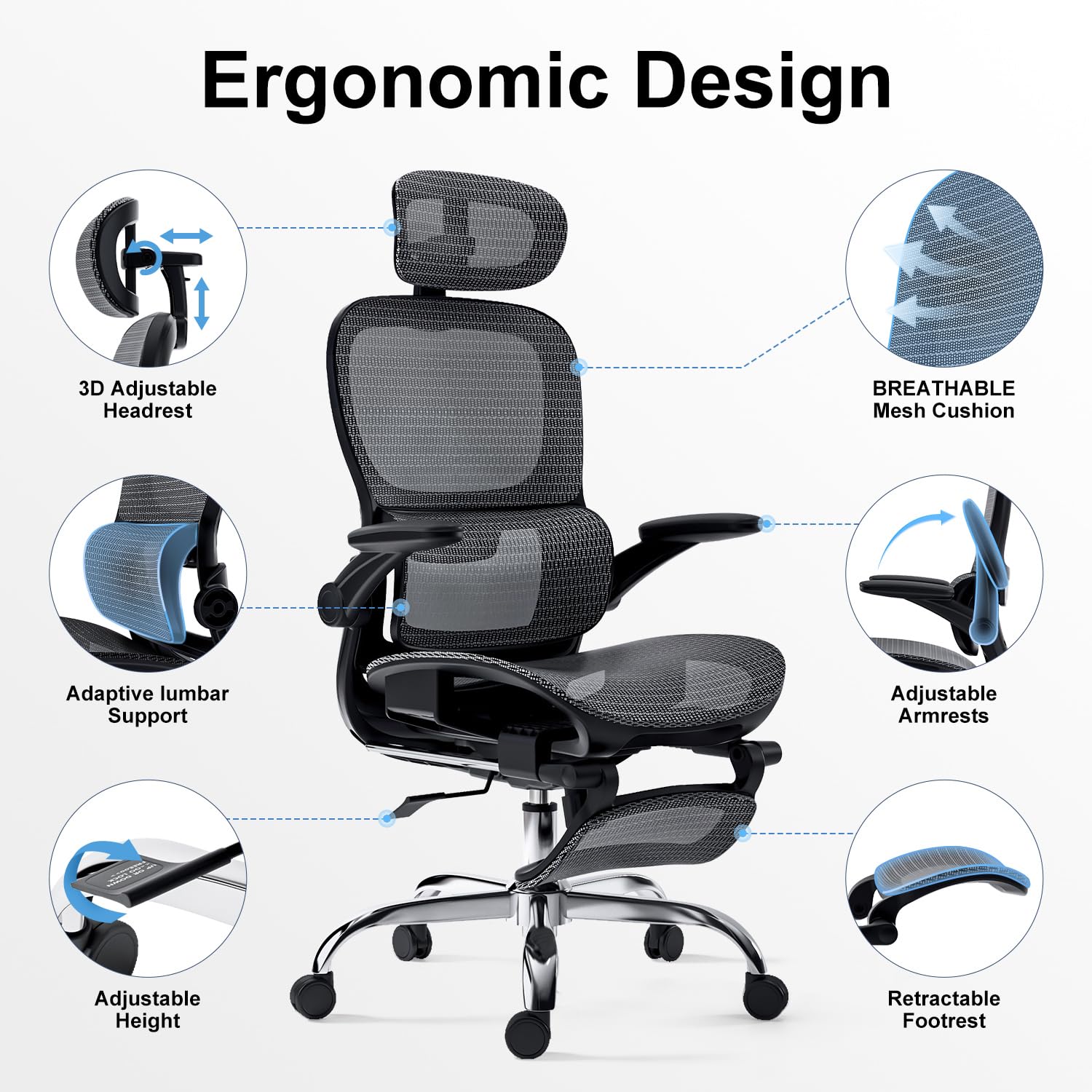 Ergonomic Office Chair with Tilt Function, Adjustable Headrest & Flip-Up Armrests - Breathable Mesh Back with Footrest, SGS Certified Gas Cylinder - Perfect for Home Office, Gaming & Workspaces