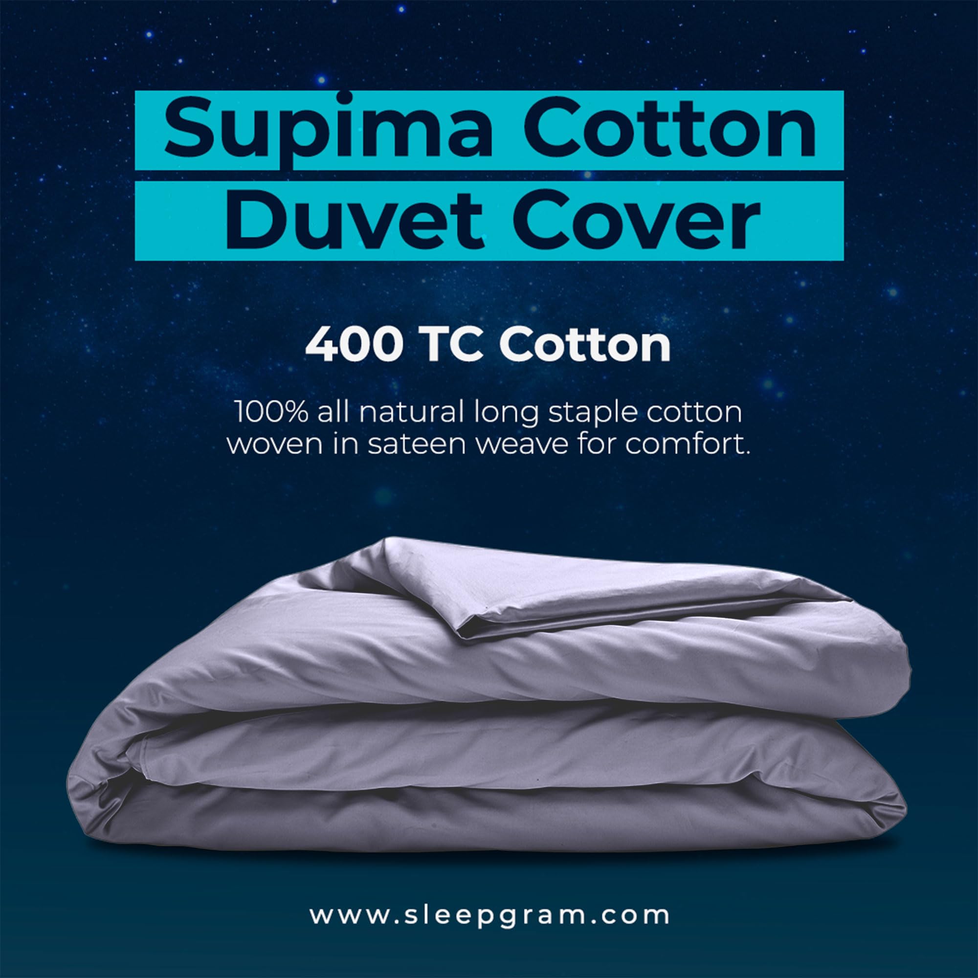 Sleepgram Supima Cotton 400 Thread Count Luxury Duvet Cover - Silver Ion Infused, Machine Washable, Zippered Closure with Travel Bag - King Size, Grey Stone - Perfect for Bedroom, Hotel & Travel Use