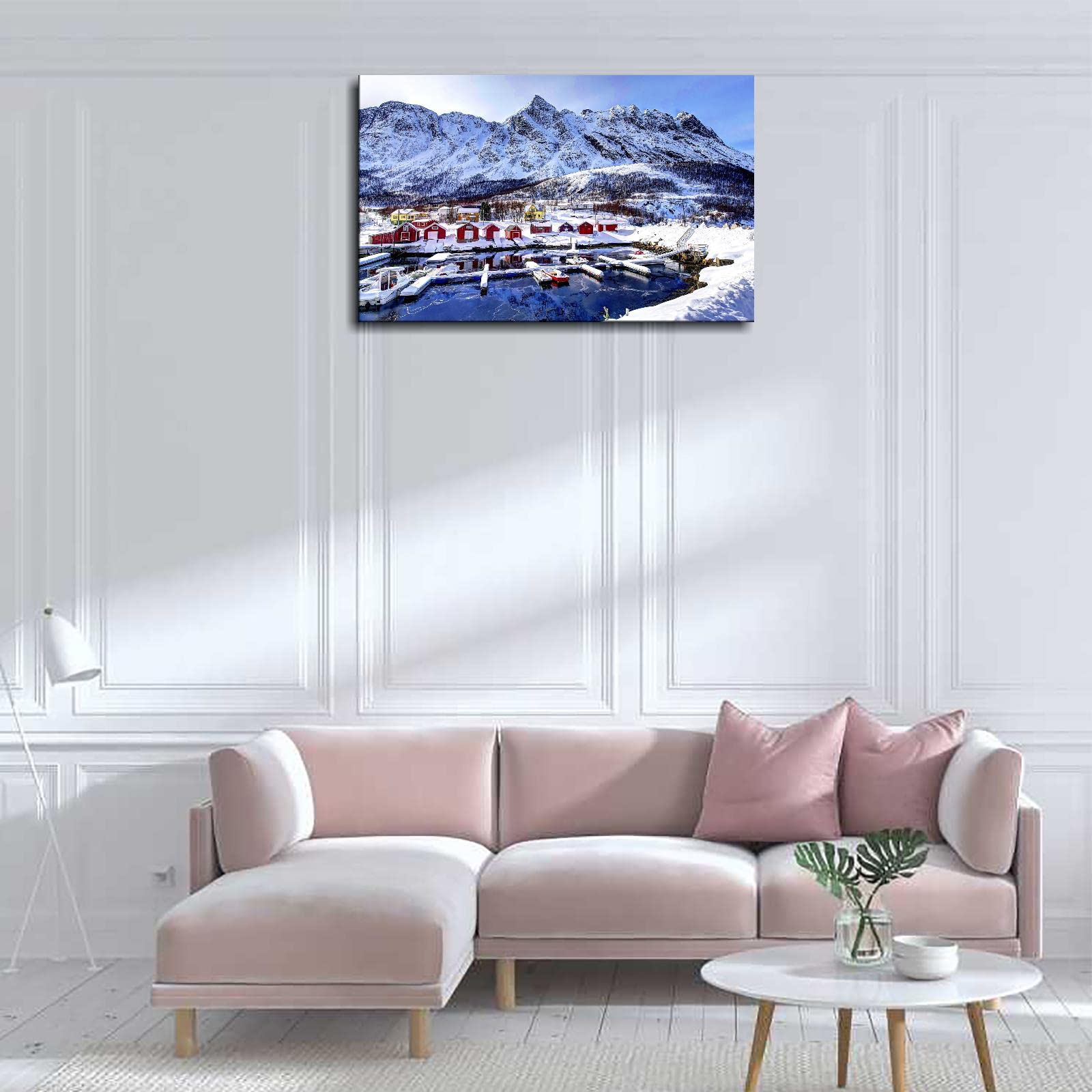 Norway Bay Mountains Winter Landscape Canvas Print - Framed 42x24 Inch Wall Art for Home & Office Decor - Perfect for Living Room, Bedroom & Workspace