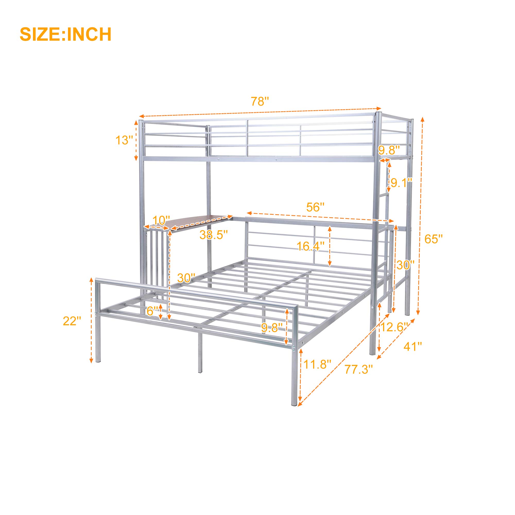 Rhomtree Twin Over Full Metal Bunk Bed with Built-in Desk - Space Saving Loft Bed with Ladders & Guardrails, No Box Spring Needed - Sturdy Home & Bedroom Furniture (Silver) | Perfect for Kids Rooms, Guest Rooms & Small Space Living