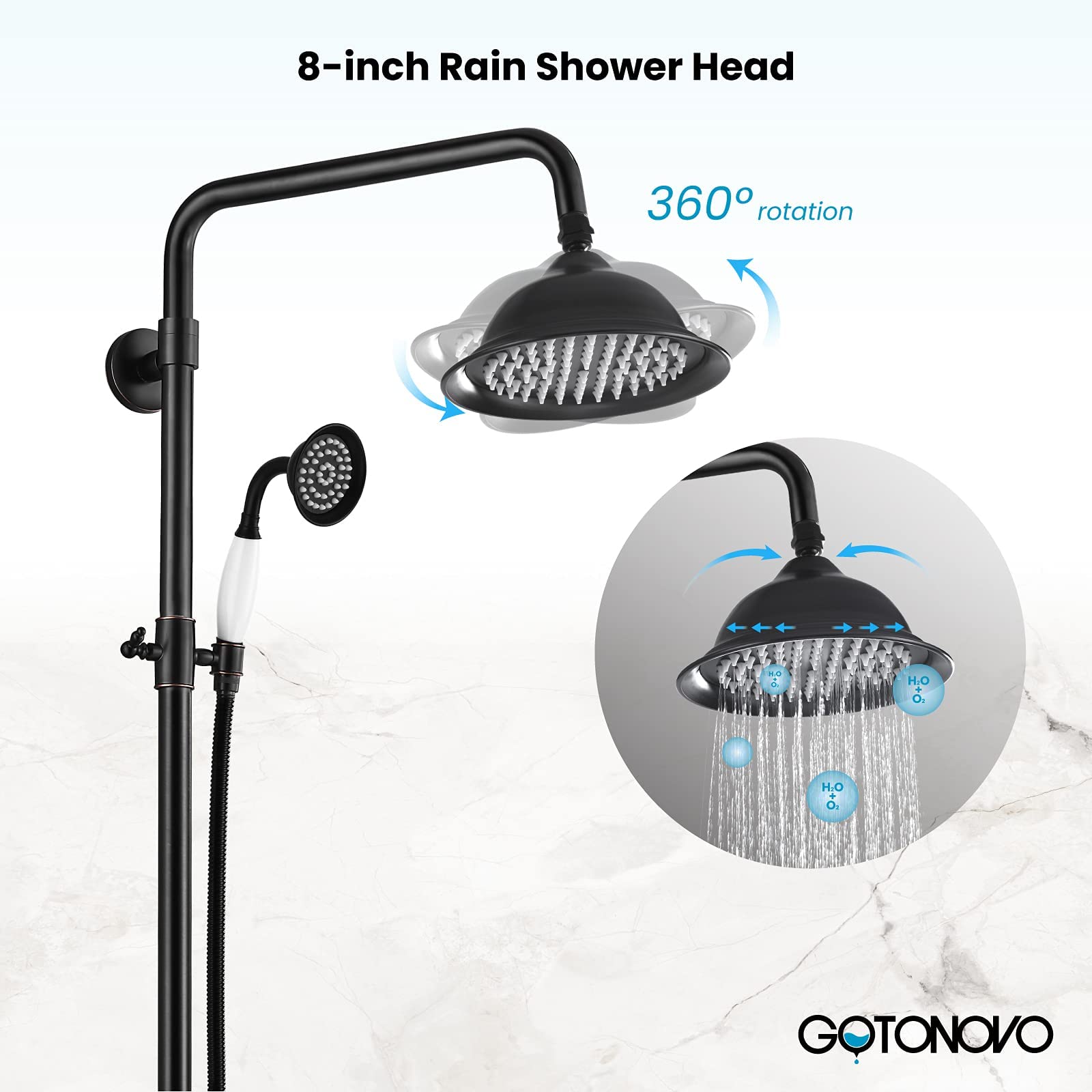 Gotonovo 8 Inch Rainfall Shower System - Oil Rubbed Bronze Exposed Bathroom Faucet with Tub Spout, Handheld Spray & Double Cross Handles - Perfect for Outdoor Showers, Modern Bathrooms & Spa-Like Experiences