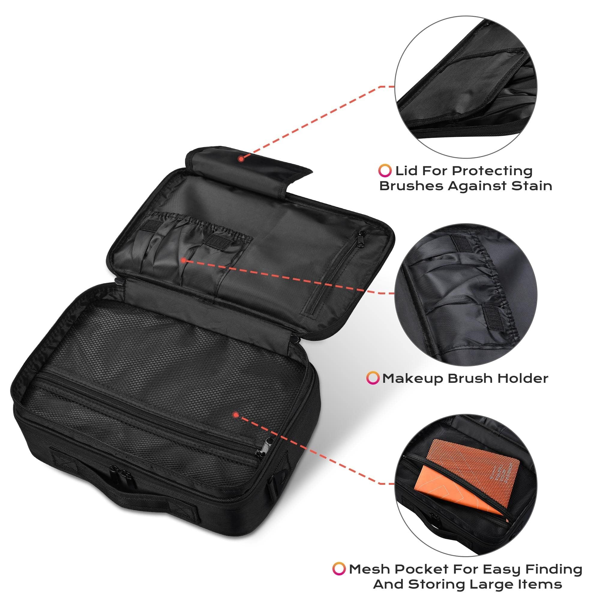 AW Medium Travel Makeup Bag with Adjustable Dividers & Shoulder Strap - Portable Cosmetic Organizer for Brushes, Makeup & Toiletries - Perfect for Backpacking, Train Travel & Daily Use (Black)
