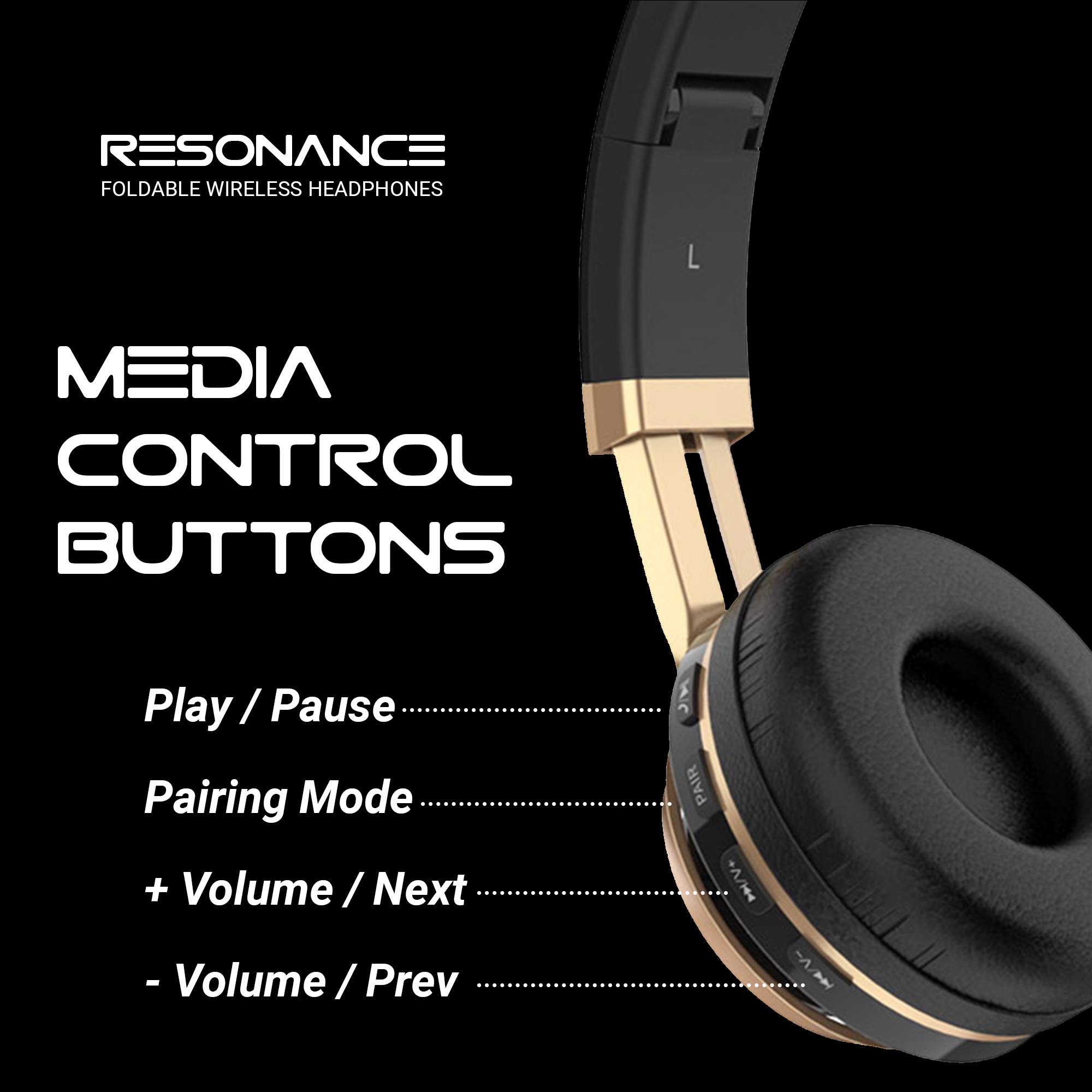 Aduro Resonance Wireless Over-Ear Headphones with Mic, Foldable Bluetooth Headset, Rechargeable Noise Cancelling Headphones for Work, Travel & Gaming - Black/Gold