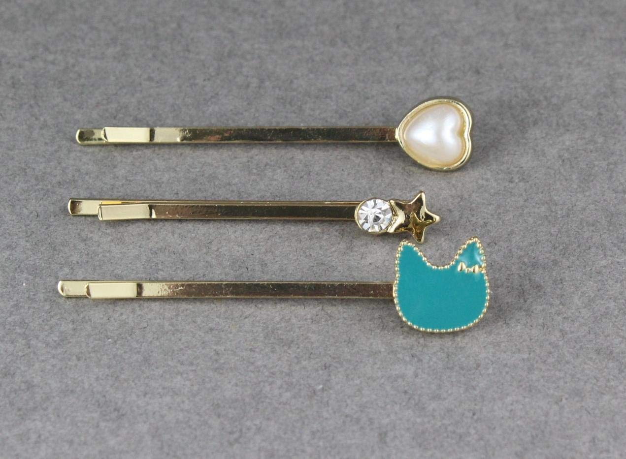 3-Piece Cat & Star Hair Clips Set with Faux Pearls - Gold Bobby Pins & Teal Barrette Hairpins for Women | Perfect for Parties, Weddings & Everyday Styling