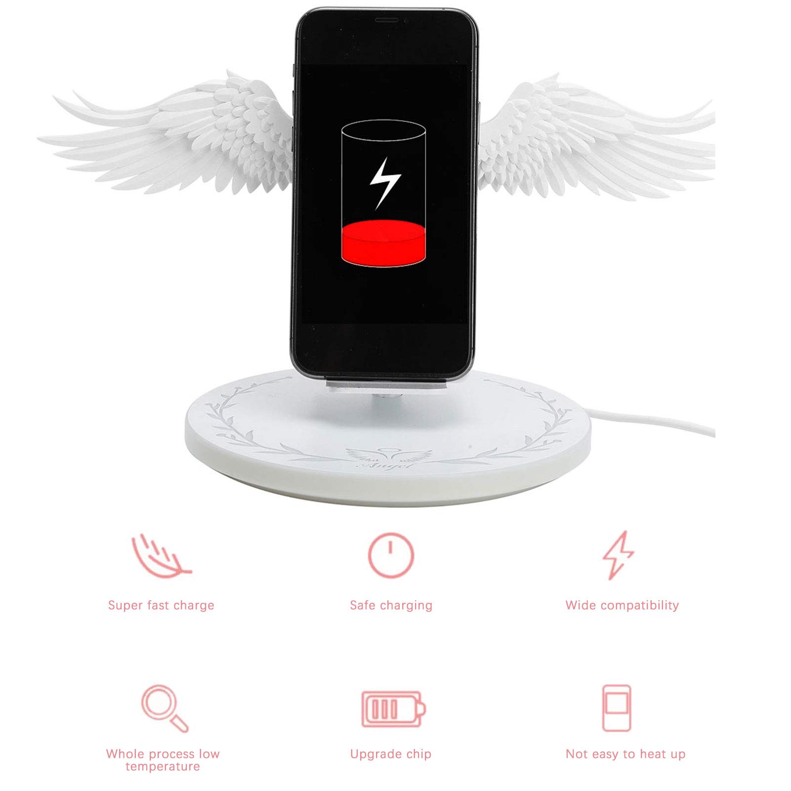 10W Fast Wireless Charging Stand with Angel Wing Design - 7 Color LED Light, Overload Protection, Qi-Certified for iPhone 15/14/13/12, Samsung Galaxy S23/S22/S21, AirPods - Perfect for Bedside, Office & Car Use