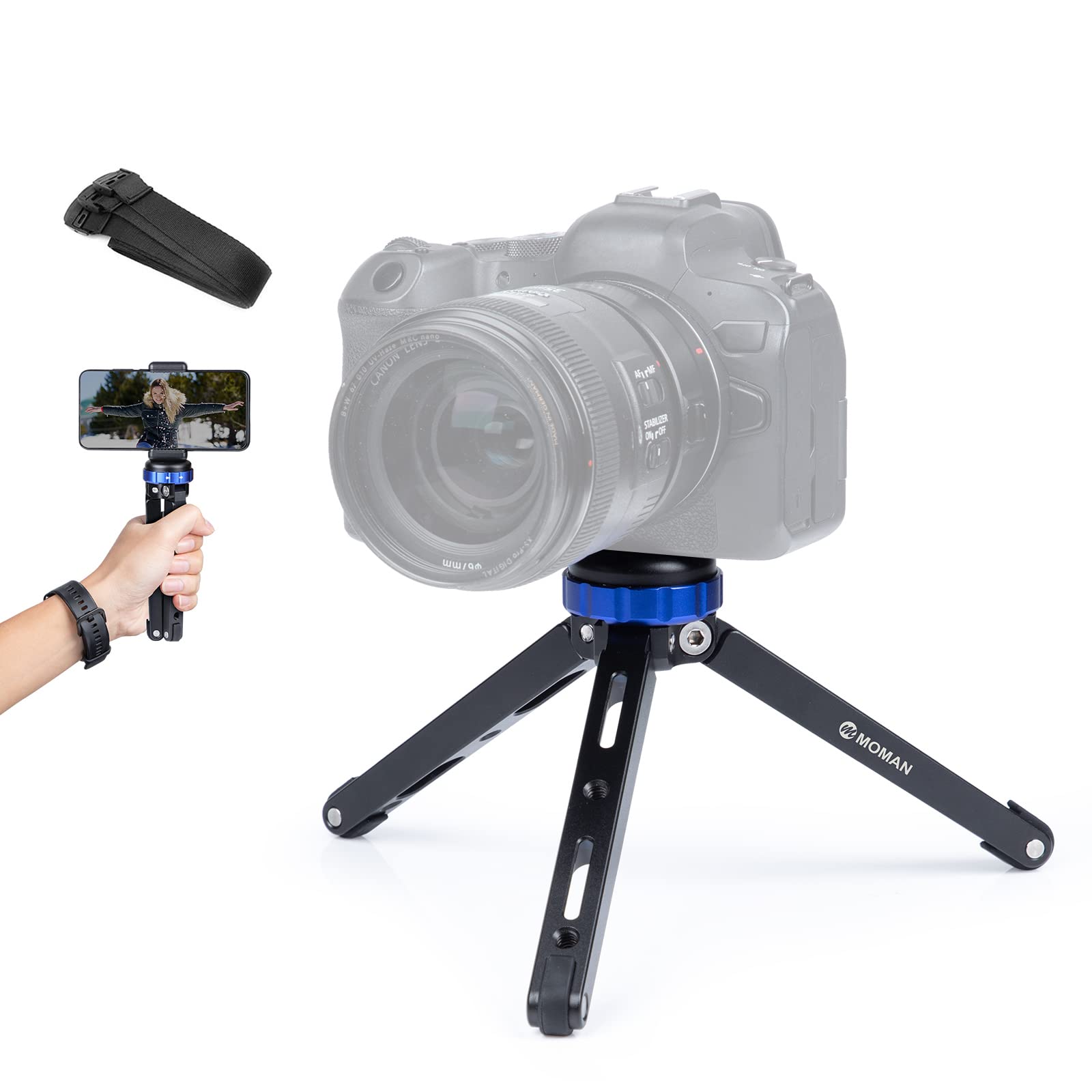 Moman Mini Tripod for Camera - Compact Aluminum Tabletop Tripod with 1/4 & 3/8 Screw Mount, 80kg Load Capacity (Blue Black) - Perfect for Travel, Vlogging, DSLR & Mirrorless Cameras