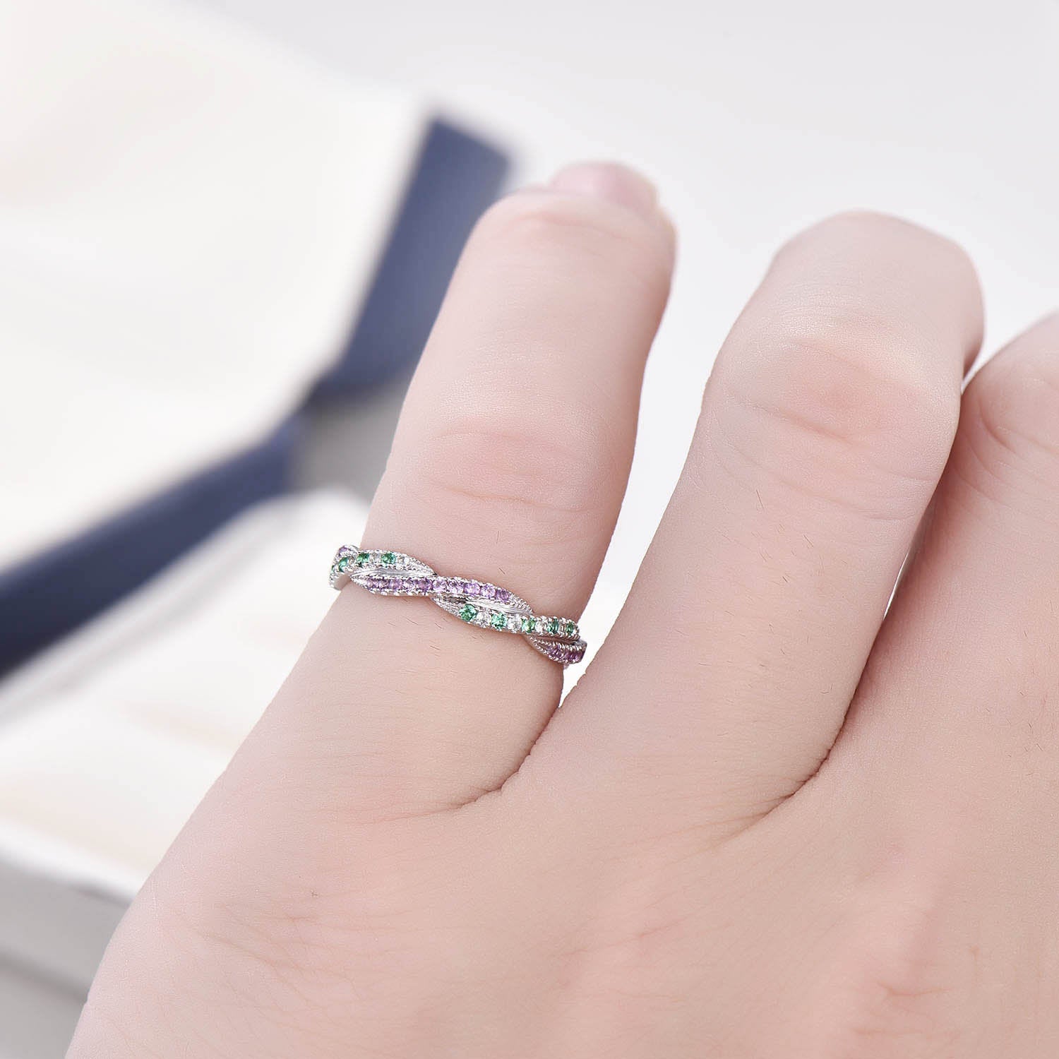 Natural Emerald Wedding Ring | 14K White Gold Amethyst & Aquamarine Half Eternity Stacking Band | Custom Matching Bridal Jewelry Set | Perfect for Engagement, Anniversary & Gift Giving