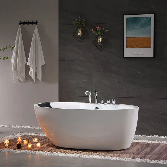 Empava 59-Inch White Acrylic Oval Freestanding Jetted Bathtub with Massage Jets - Spa Luxury for Master Bathroom & Relaxation (Model 59AIS12)