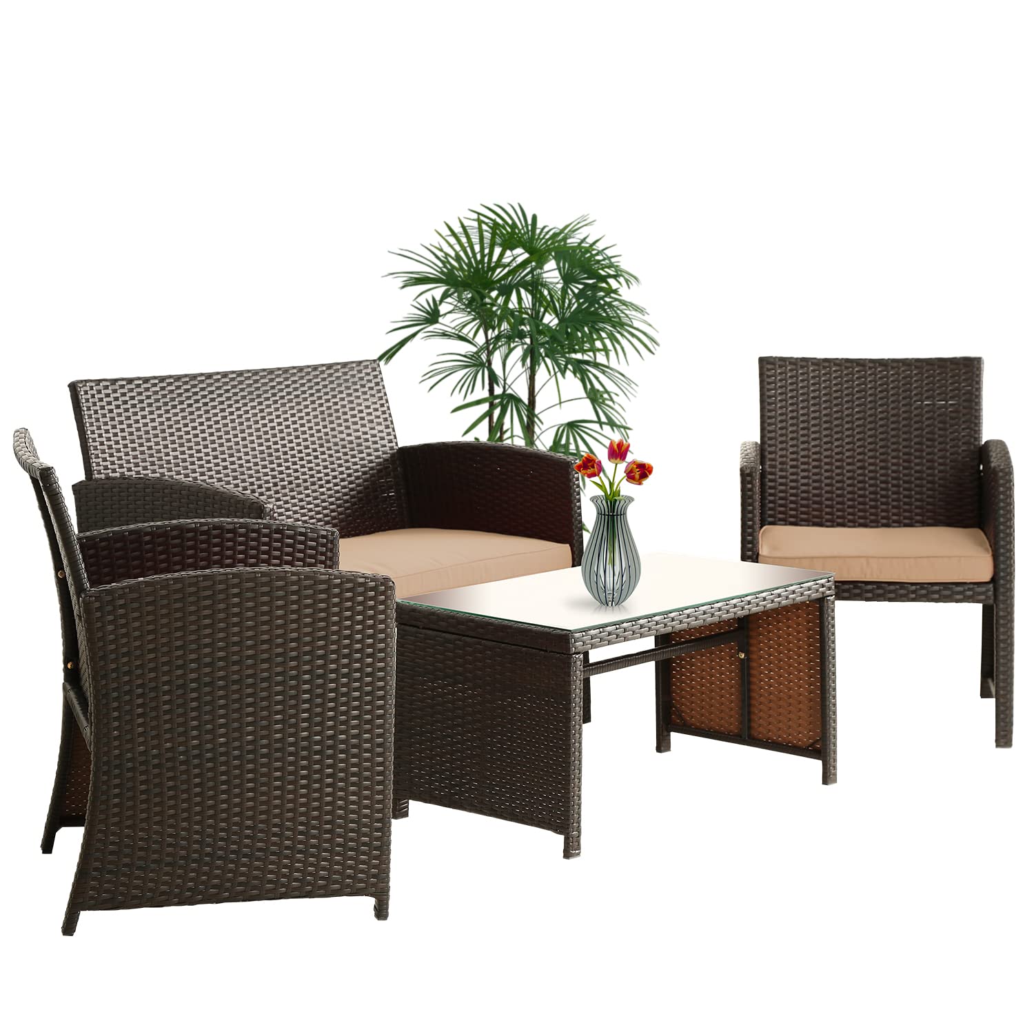 4-Piece Patio Furniture Set with Cushions - Outdoor Garden Chairs and Table for Balcony, Porch, Backyard - Durable Brown Wicker Rattan for Relaxing & Entertaining