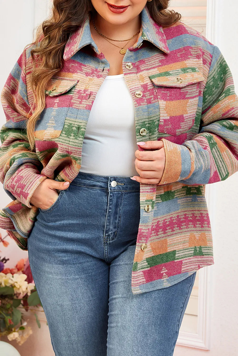 **Plus Size Women's Printed Collared Jacket with Pockets - Stylish & Comfortable for Work, Travel & Casual Outings**
