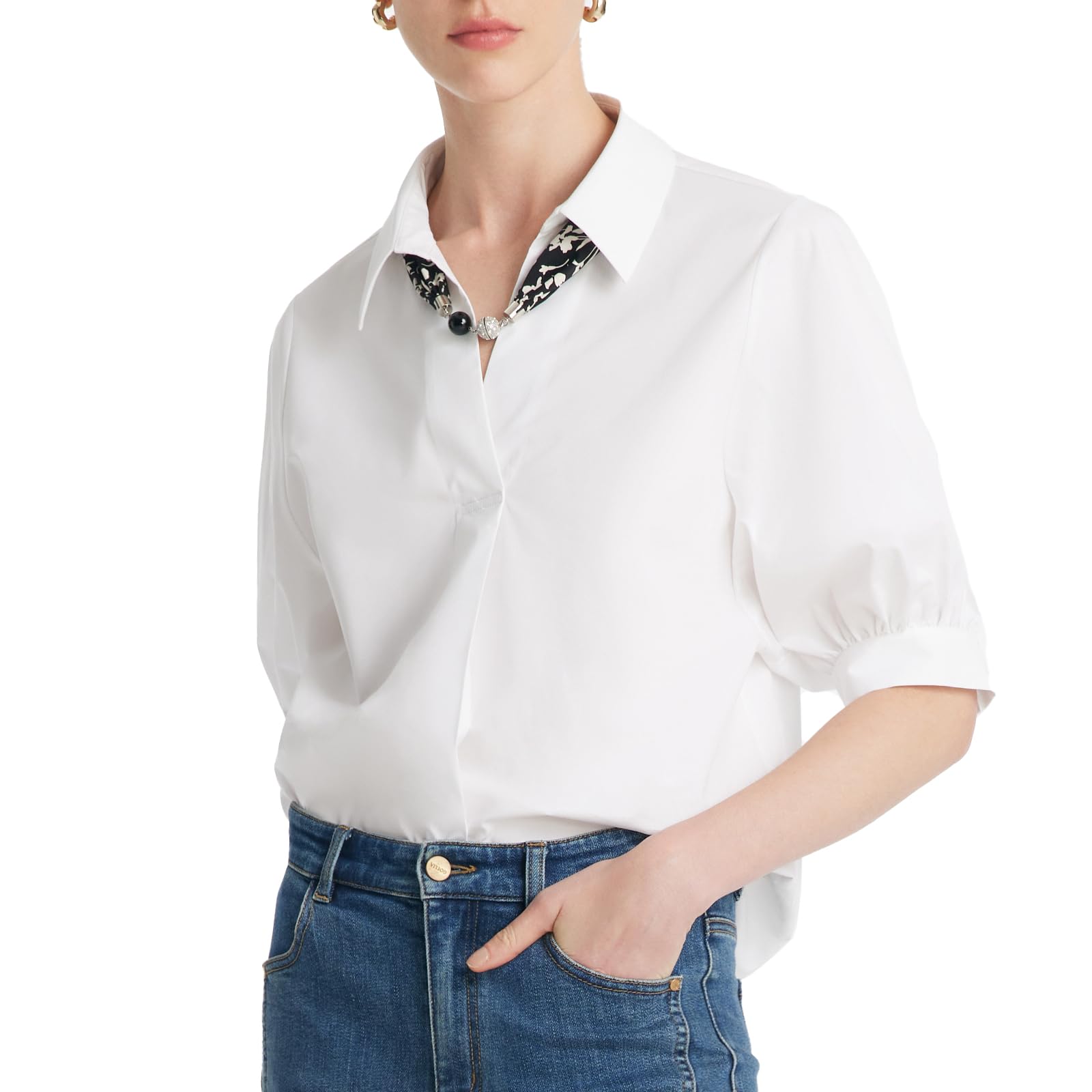 Elegant Women's V-Neck Puff Sleeve White Blouse with Silk Scarf - Professional Work Shirt for Office, Business Meetings & Formal Occasions