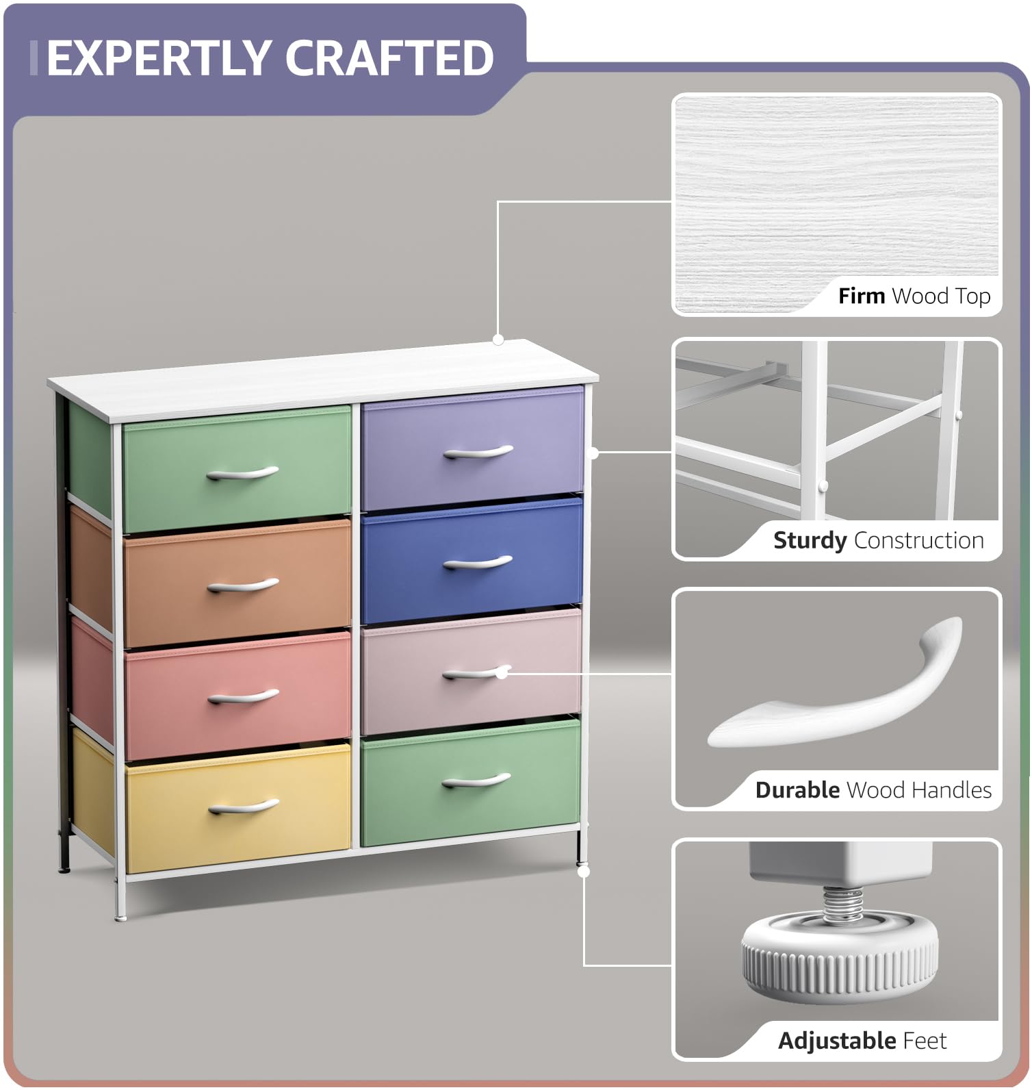 Sorbus 8-Drawer Kids Dresser with Steel Frame & Wood Top - Pastel Tie-Dye Fabric Bins Storage Organizer for Bedroom, Closet & Nursery - Perfect for Toys, Clothes & Baby Essentials Organization