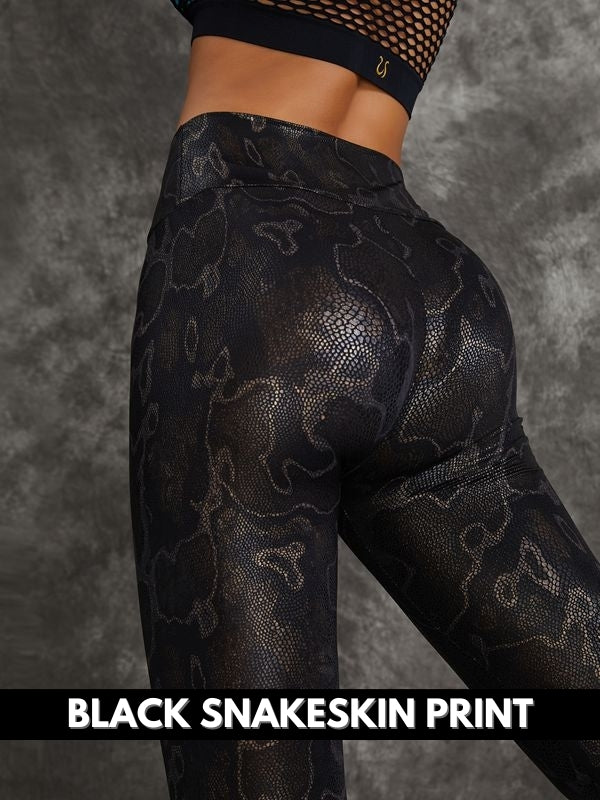 ZASUWA Women's Super Stretchy Faux Leather Black Snake Print Leggings - High Waist Yoga Pants for Workout, Fitness & Fashion