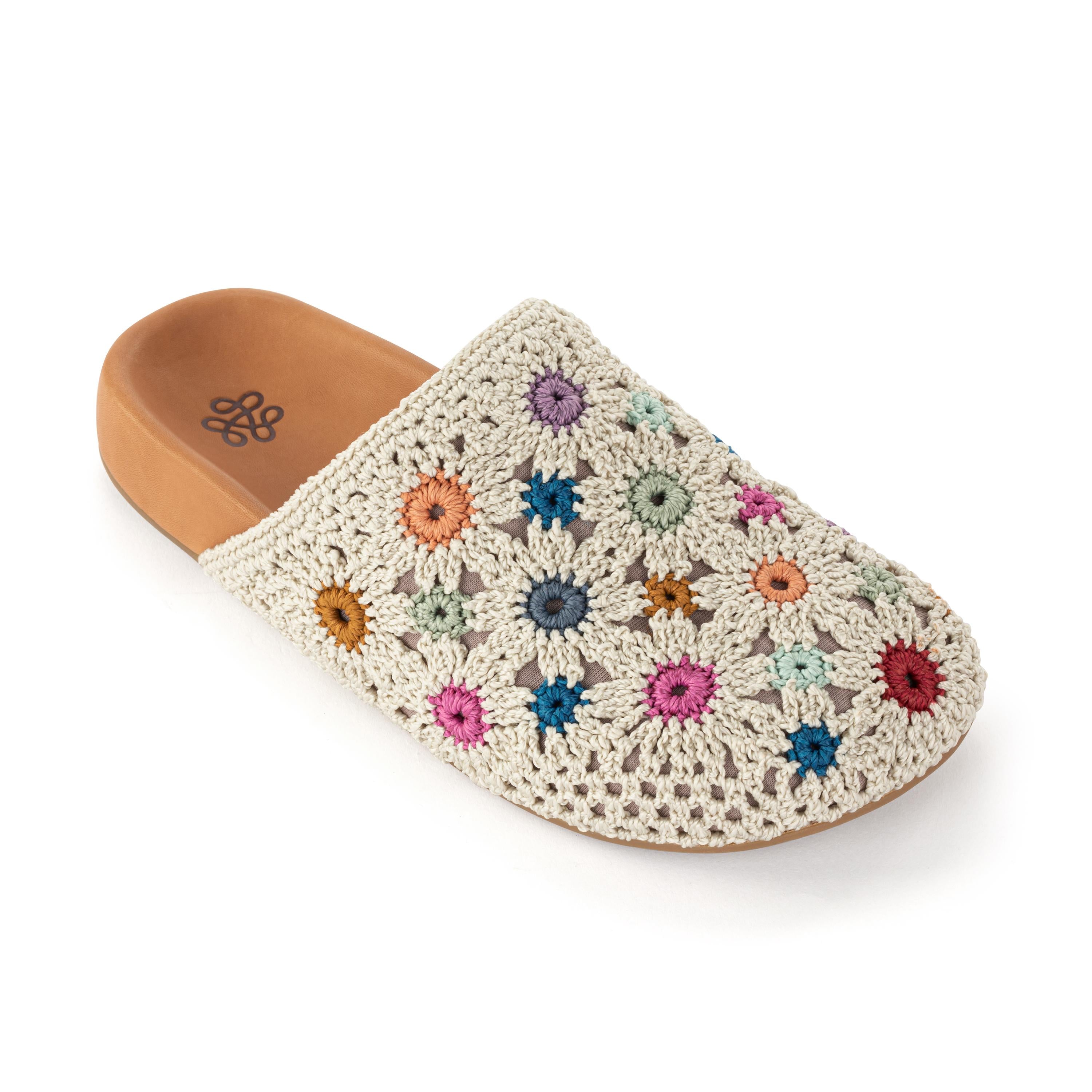 Bolinas Clog Hand Crochet Natural Multi Flowers - Comfortable Bohemian Style Summer Sandals for Women, Perfect for Beach, Garden & Casual Outings
