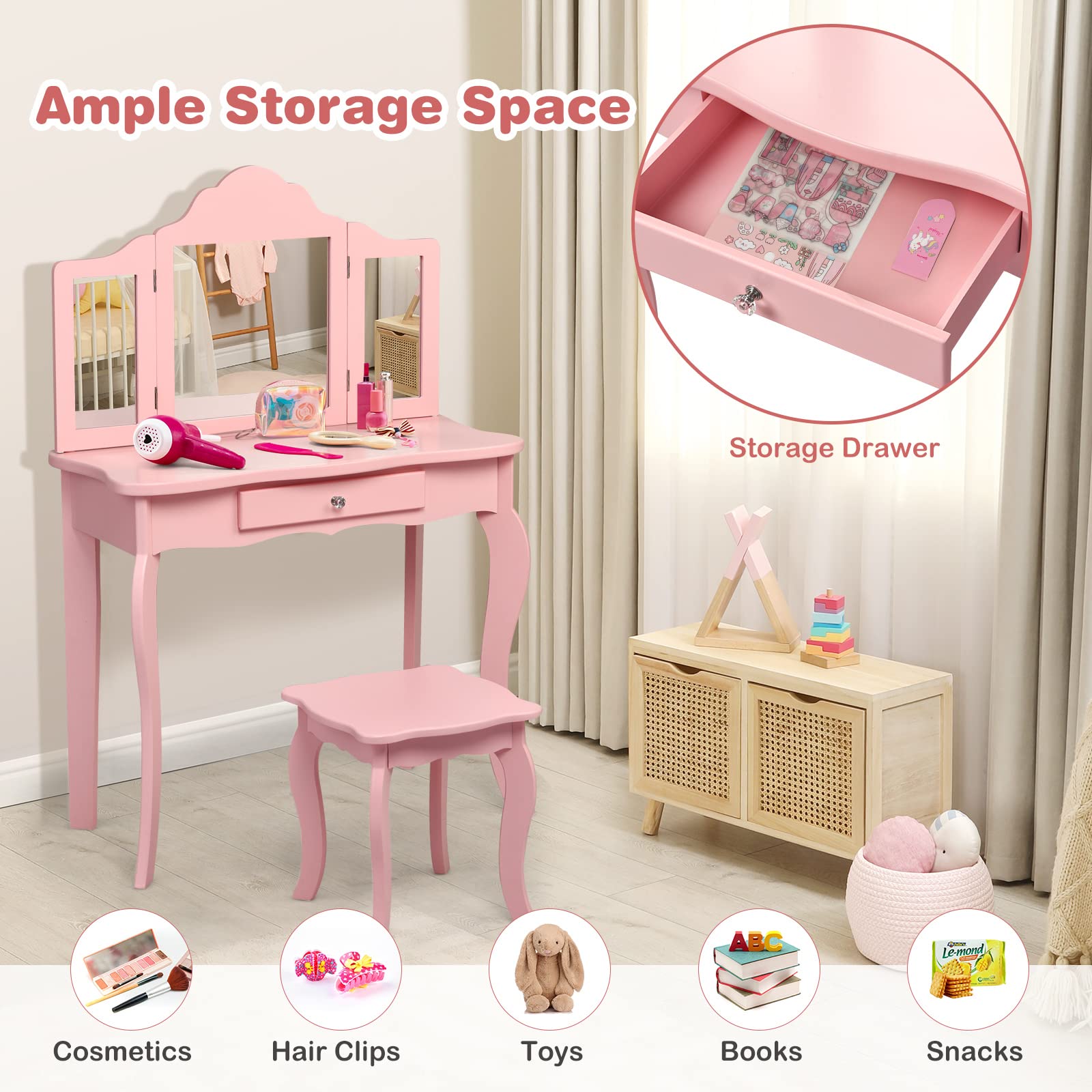 Honey Joy Kids Vanity Set with Mirror & Stool - Wooden Toddler Makeup Table for Girls (Pink) - Perfect for Pretend Play & Room Decor