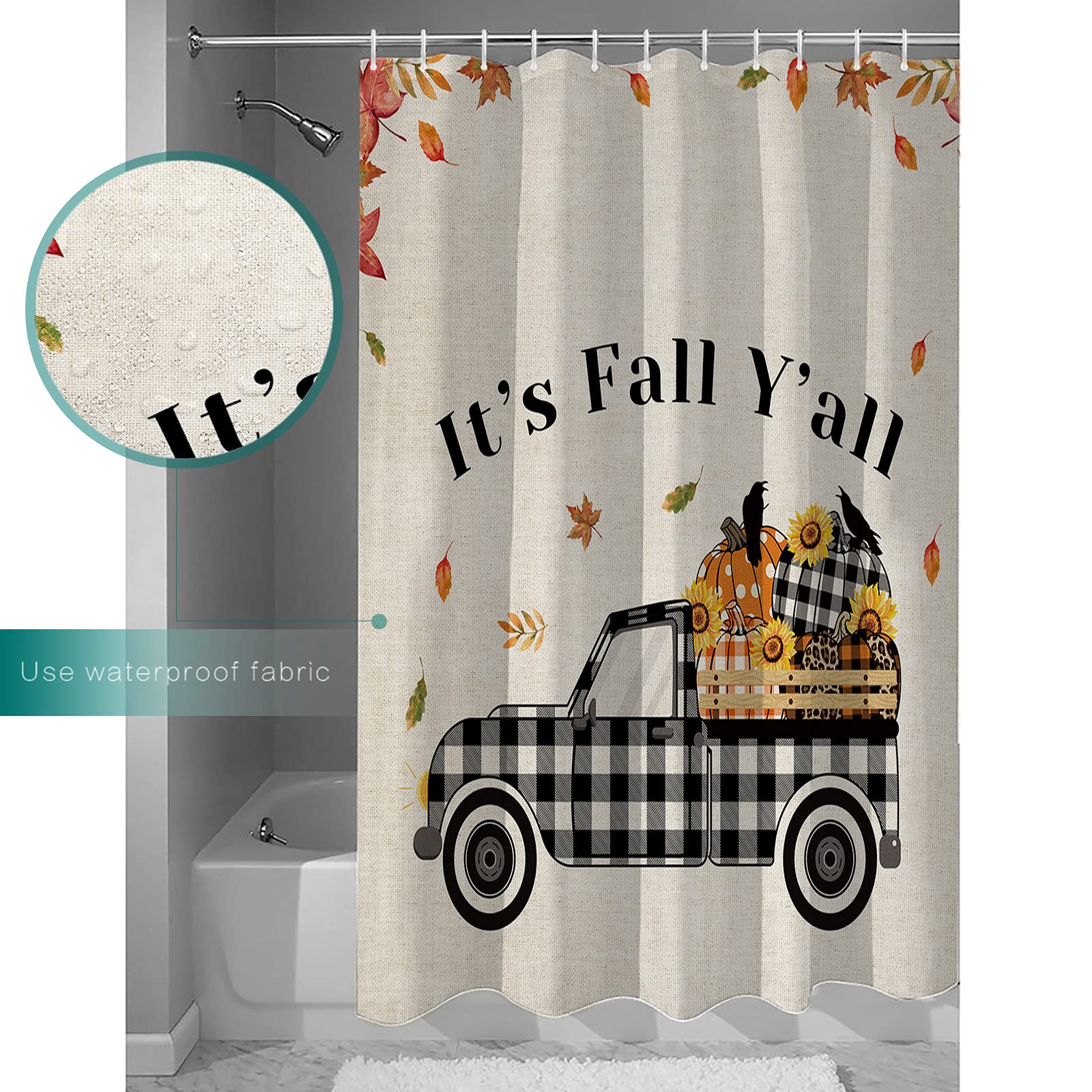 Thanksgiving Checkered Truck Pumpkin Waterproof Shower Curtain Set - 36 x 72 Inch Fall Bathroom Decor with Burlap Texture, Polyester Fabric & 12 Hooks - Perfect for Autumn, Farmhouse or Rustic Style Bathrooms