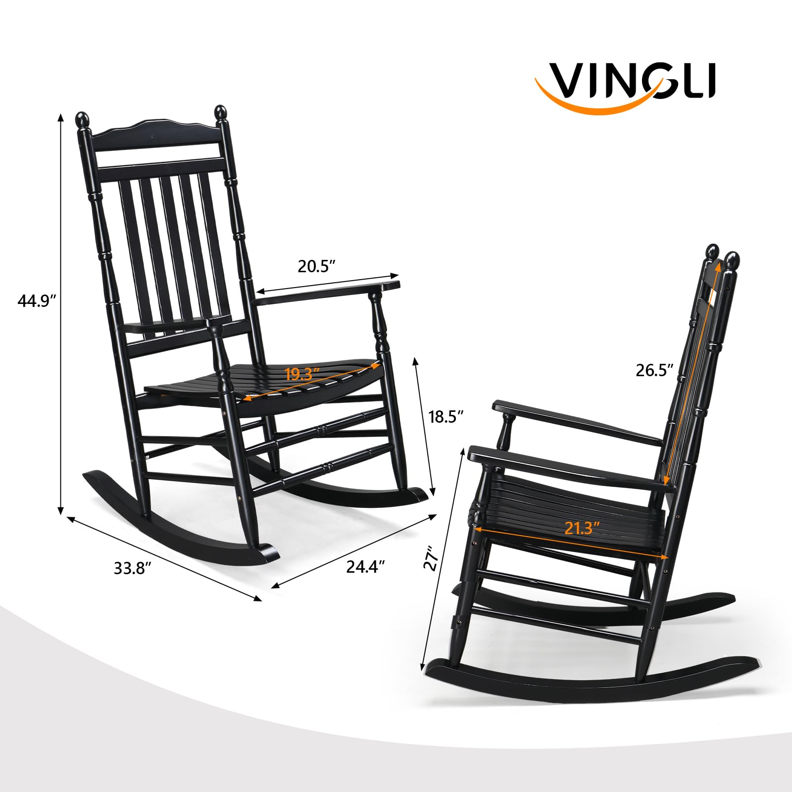 VINGLI Solid Wood Rocking Chair for Outdoor & Indoor Use - 450 lbs Weight Capacity, High Back Reclining Seat, Relaxing Rocker for Deck, Garden, Backyard, Porch - Perfect for Lounging, Reading & Relaxation (Black)
