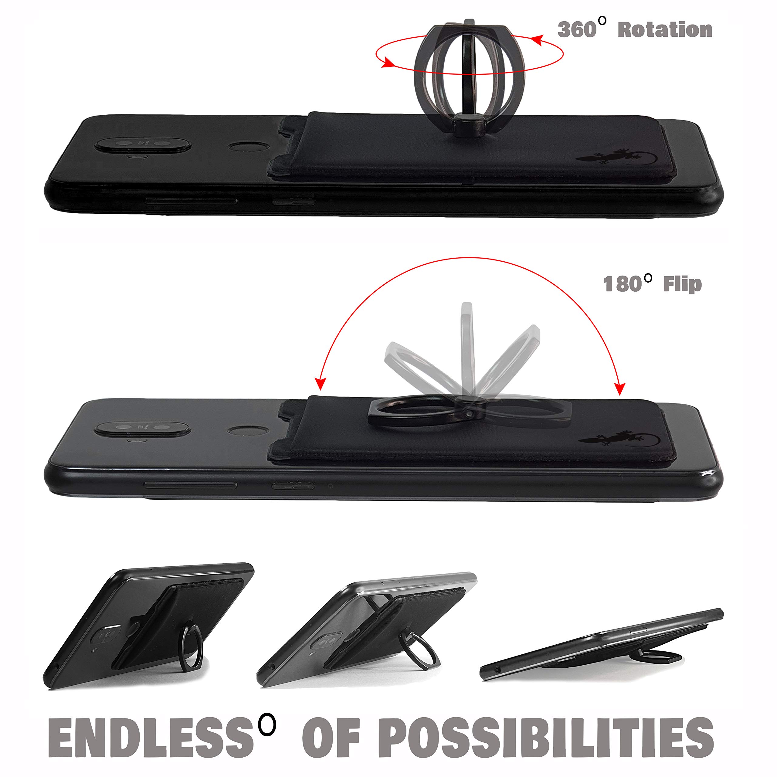 Universal Phone Card Holder with Gecko Ring - 2 Pack (White & Black Logos) - Finger Grip, Phone Ring Stand & Credit Card Sleeve for Secure Grip, Hands-Free Viewing & On-the-Go Convenience - Perfect for Travel, Work & Daily Use