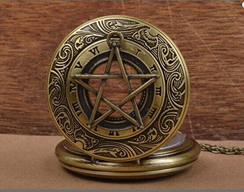 Vintage Brass Pocket Watch with Pentagram Protection Necklace - Supernatural Inspired Steampunk Accessory for Men & Women | Perfect for Gothic Fashion, Cosplay, and Unique Gift Ideas