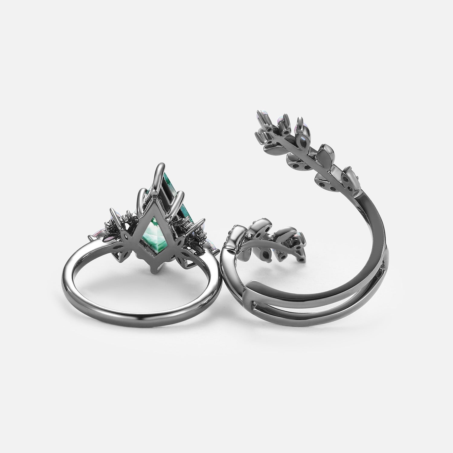 Black Gold Moss Agate & Opal Cage Leafy Engagement Ring Set - Elegant Wedding Band for Women, Perfect for Proposals, Anniversaries & Romantic Occasions