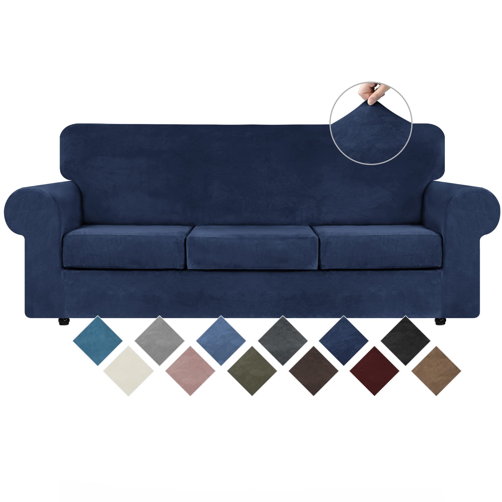 4-Piece Navy Blue Velvet Stretch Sofa Slipcover Set - Soft Plush Washable Couch Cover with Non-Slip Elastic Bottom for 3-Cushion Couches - Perfect for Living Room Furniture Protection & Home Decor Upgrade