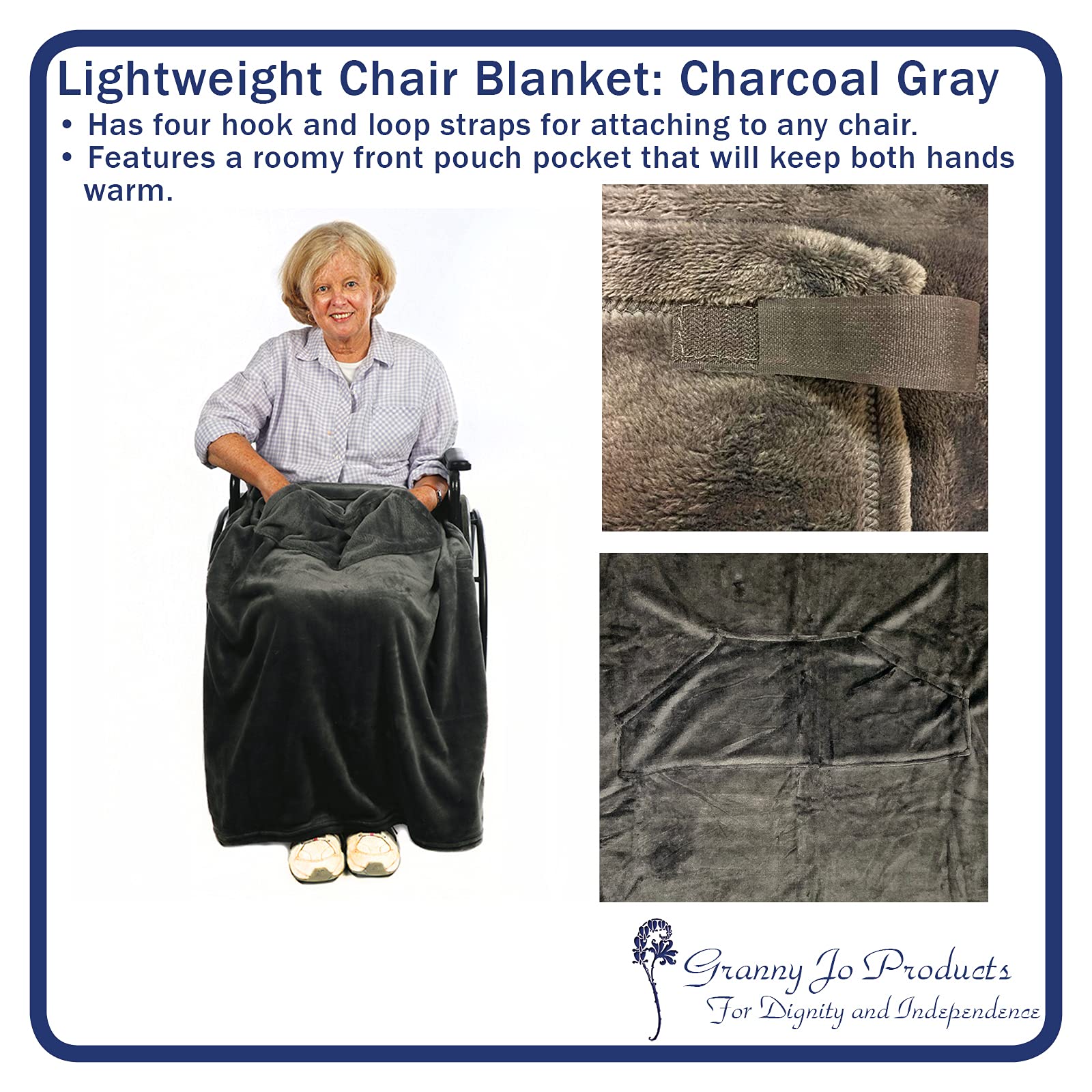 Granny Jo Lightweight Wheelchair Blanket - Soft & Warm Charcoal Grey Throw for Seniors & Disabled - Perfect for Indoor/Outdoor Use, Travel & Nursing Homes