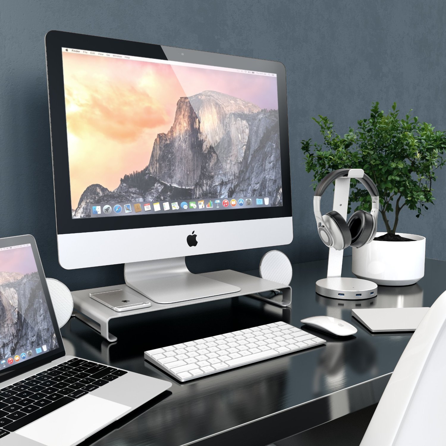 Desire2 Silver Aluminium Monitor Stand Riser - Slim Metal Desk Shelf for iMac, MacBook, Laptop, Printer - Perfect for Office Organisation, Home Office, and Workspace Accessories