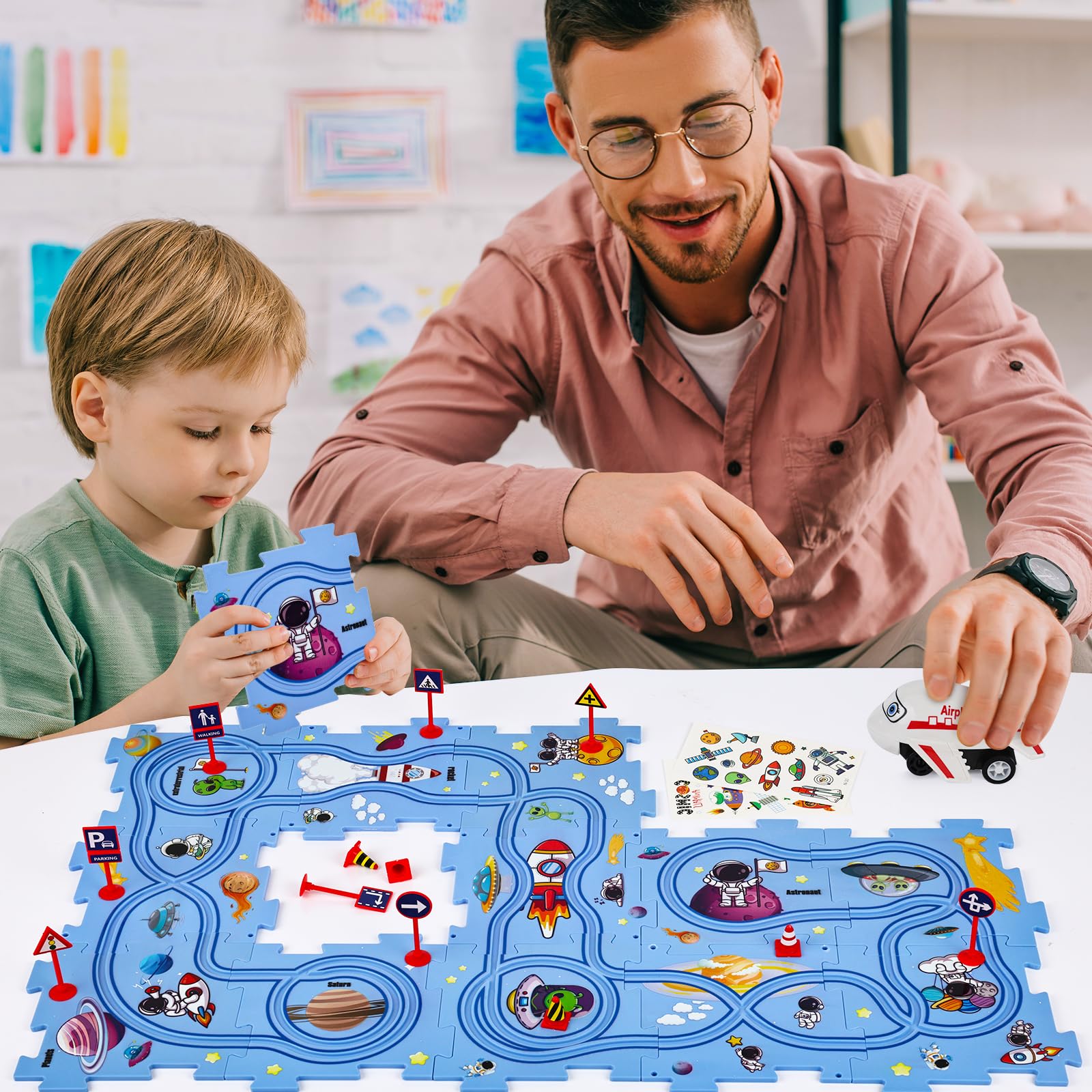 25PCS Space Themed Puzzle Racer Track Set - Educational STEM Toy for Kids, Interactive Race Car Play Set with Puzzle Tracks - Perfect for Birthday Gifts & Indoor Playtime