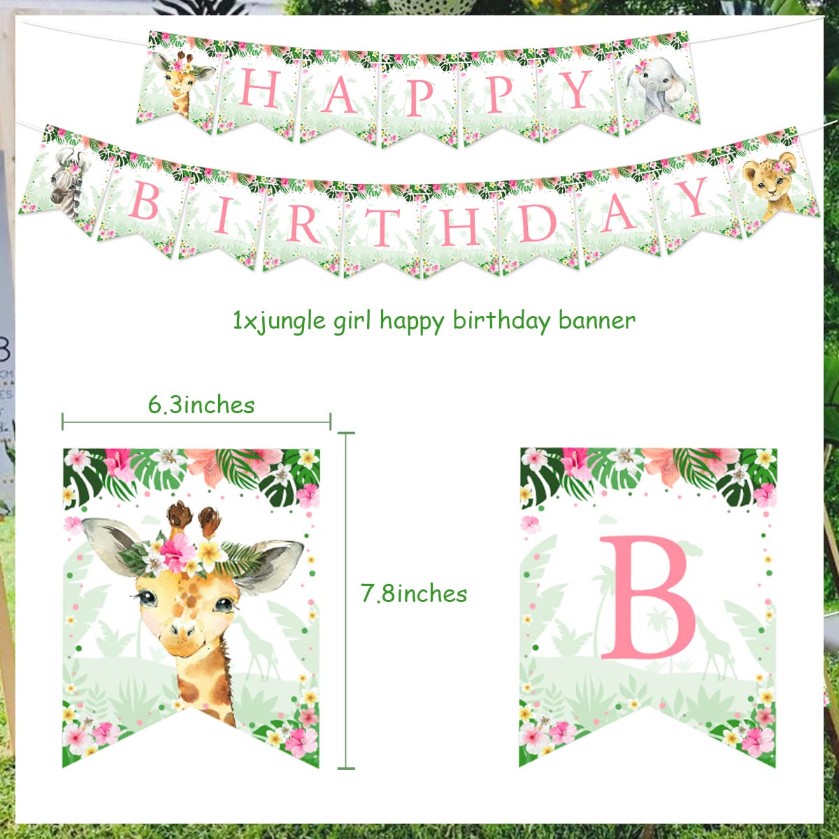 Jungle Happy Birthday Banner for Girls - Green & Pink Safari Theme Birthday Decorations | Perfect for Wild One, Wild Two, Wild Three Birthday Parties & Jungle-Themed Celebrations
