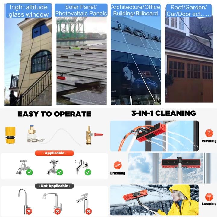 Adjustable Telescopic Water Fed Pole (1-7.4m/3.28-24.43ft) with 13.78in Short Brush & 65ft Hose - Professional Window Cleaning System for High-Rise Buildings, Solar Panels, and Hard-to-Reach Areas