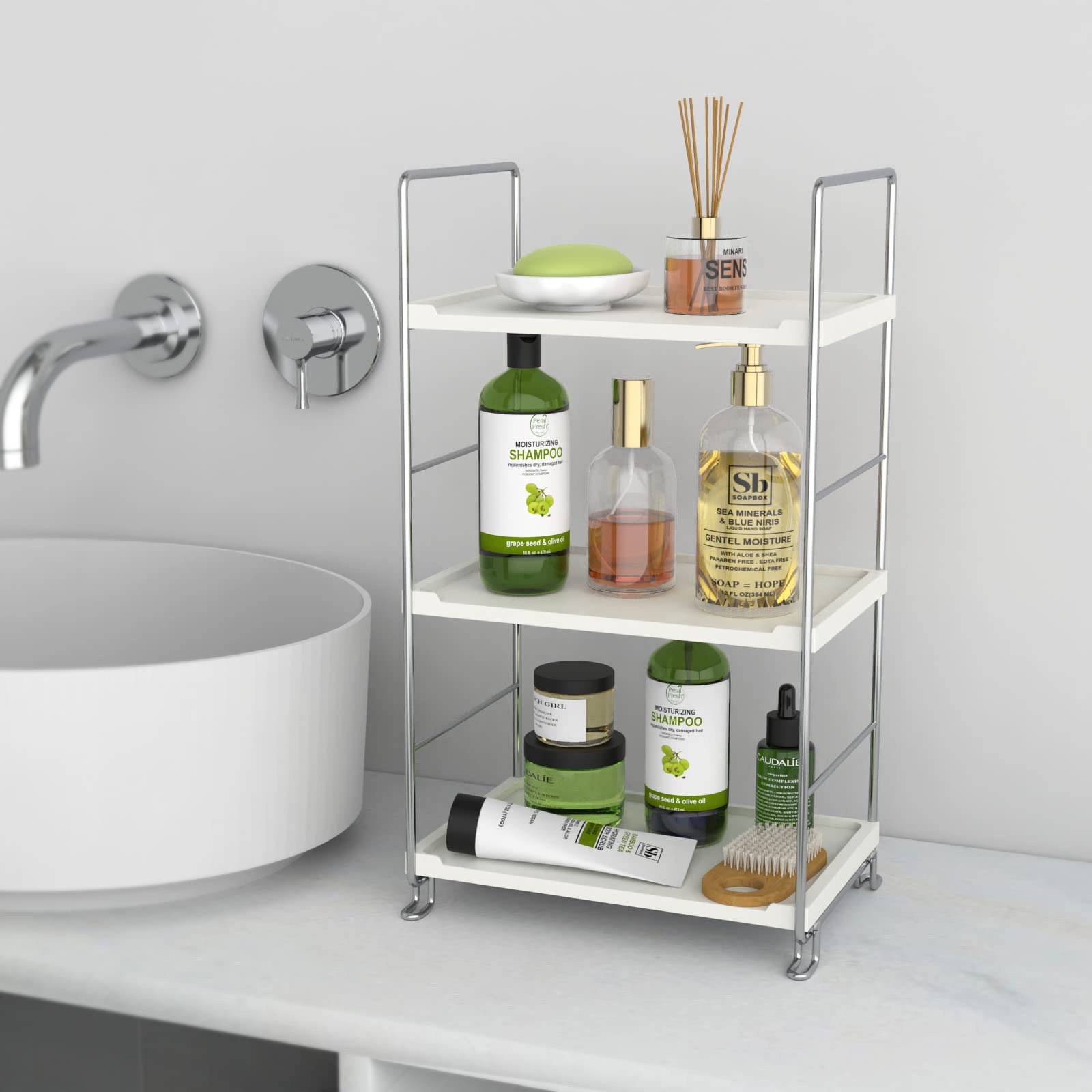 3-Tier Chrome Bathroom Organizer - Countertop Makeup & Cosmetic Storage Shelf, Spice Rack for Vanity, Bathroom, Bedroom & Kitchen | Space-Saving Corner Organizer for Small Spaces & Clutter-Free Countertops