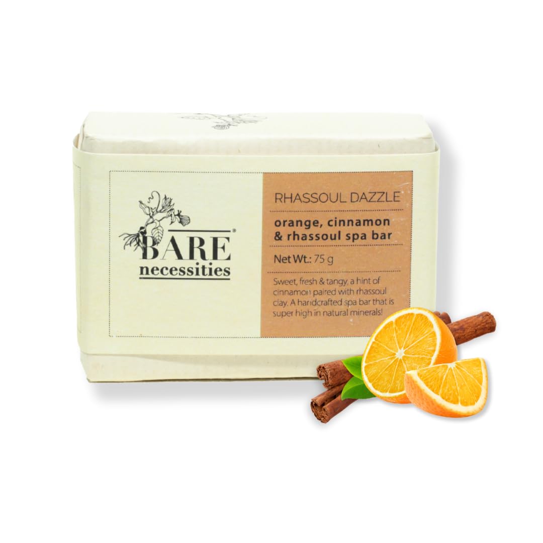 Bare Necessities Rhassoul Dazzle Handmade Soap Bar - Natural Orange & Cinnamon Scented Cold Processed Soap for Men & Women (75g) | Moisturizing Bath Soap for Dry & Sensitive Skin | Perfect for Daily Shower, Spa Day & Gift Giving