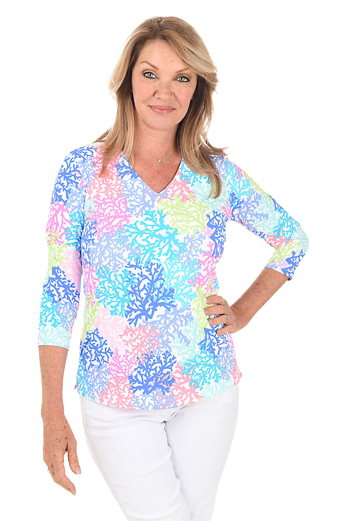 Neon Coral UPF50+ V Neck Sun Protection Top for Women - Beachwear, Outdoor Activities & Summer Fashion