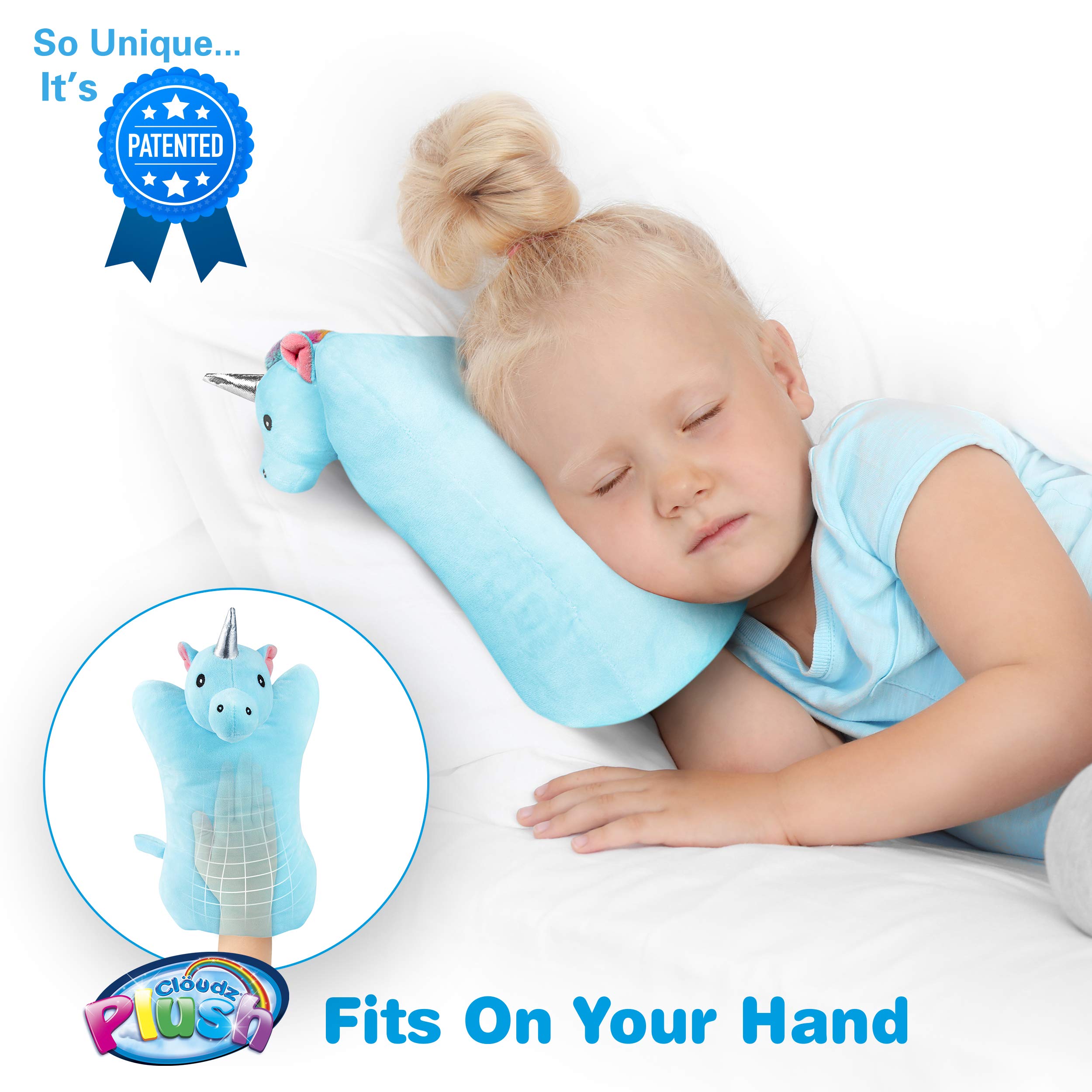 Cloudz Plush On Hand Kids Travel Pillow Pal - Soft Unicorn Stuffed Animal for Airplane, Car Rides & Nap Time | Cute Comfort Toy for Toddlers & Children